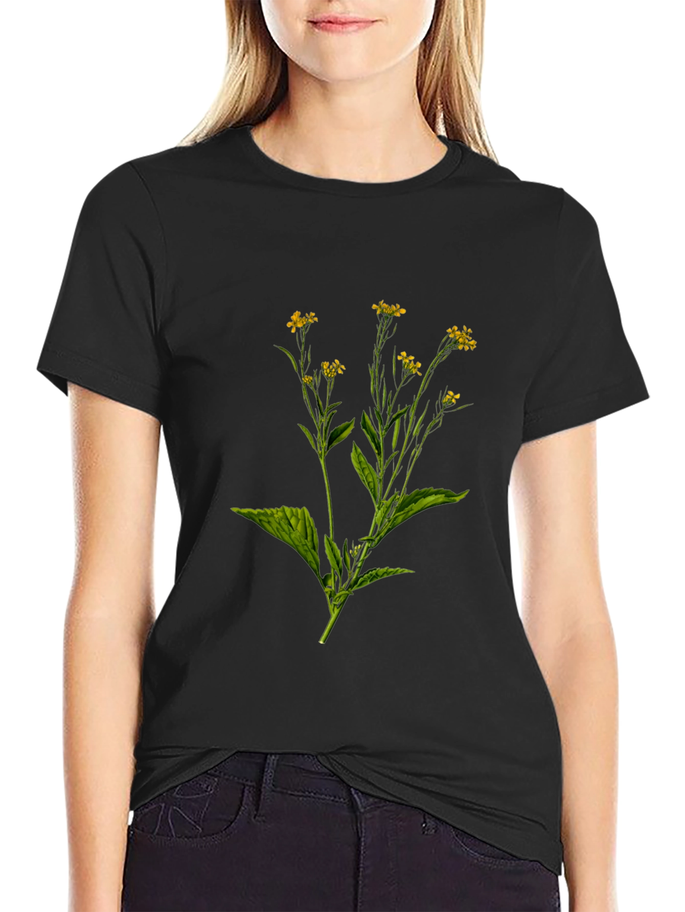 Botanical Floral Print Black T-Shirt