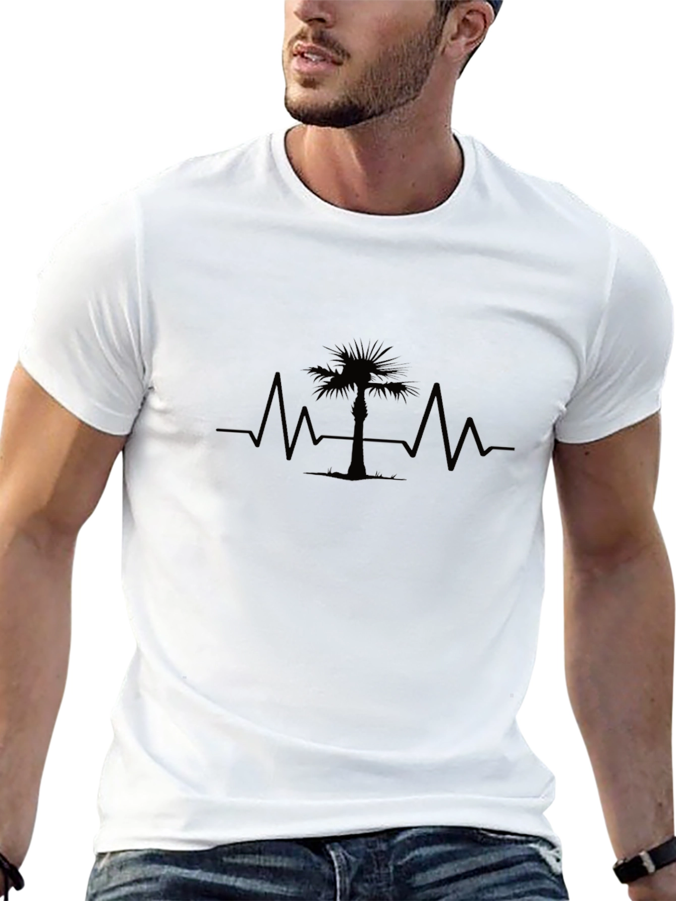 Palm Tree Heartbeat Graphic Tee - Black Cotton T-Shirt