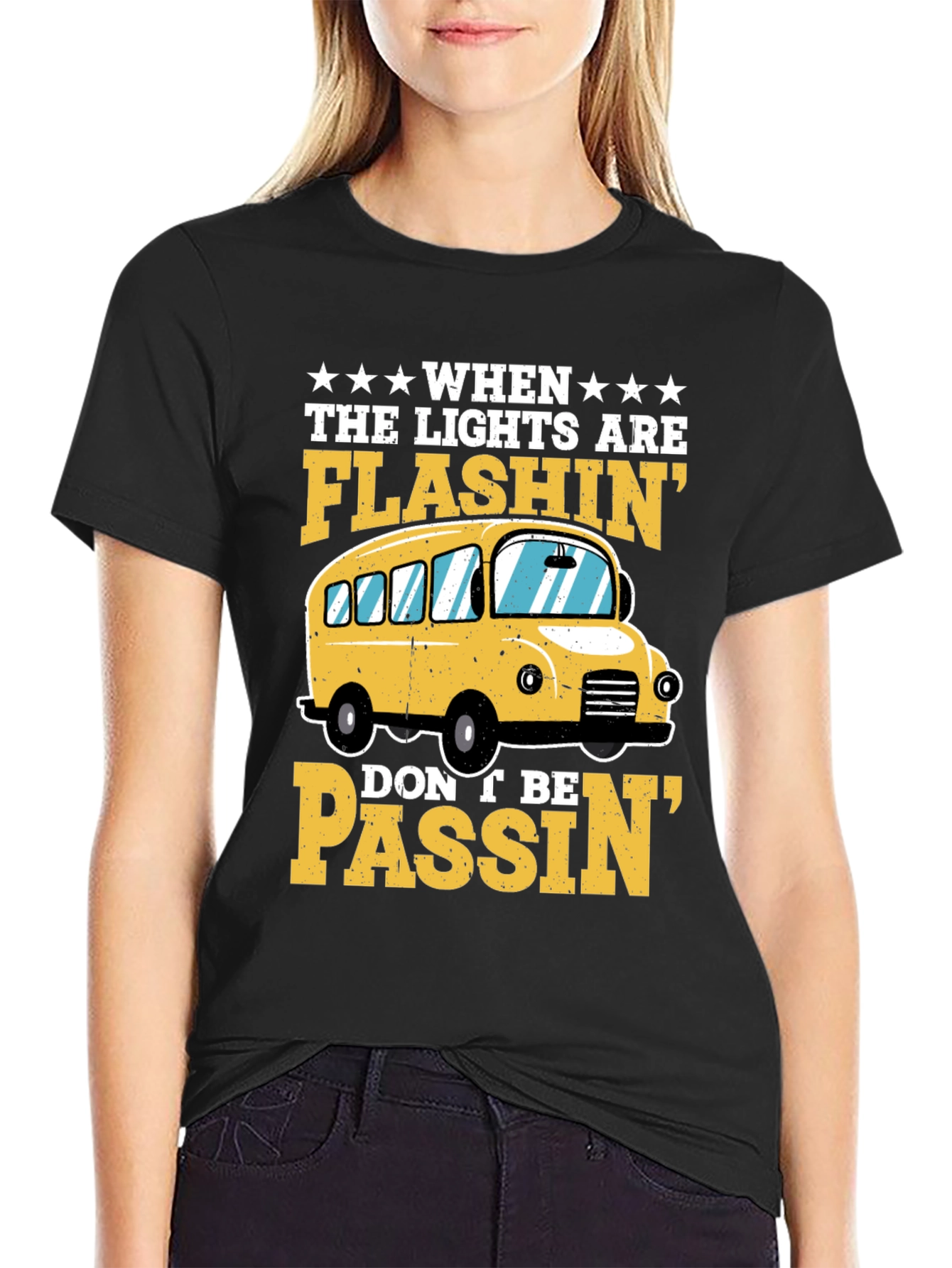 Flashing Lights School Bus Graphic T-Shirt