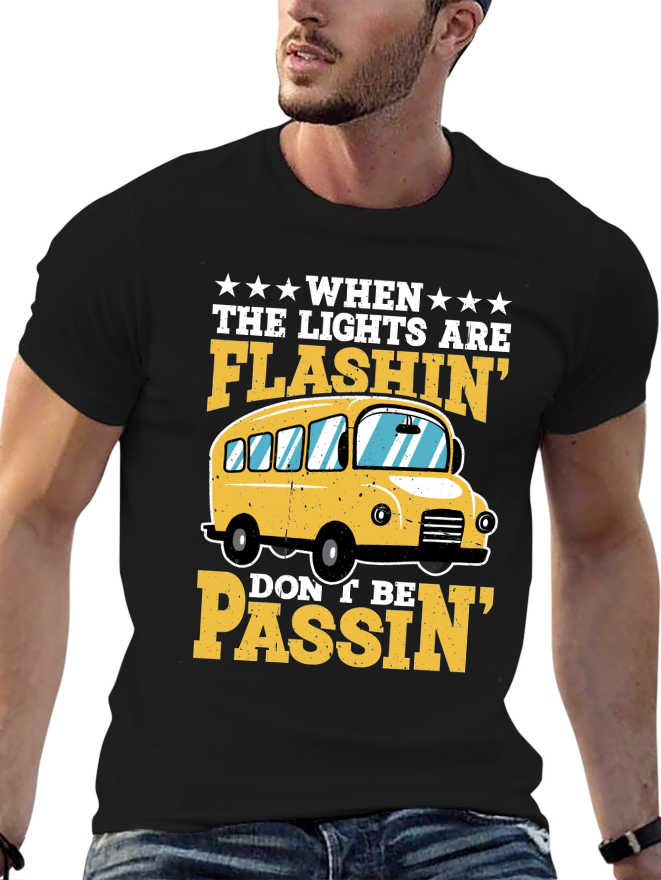 Flashing Lights School Bus Graphic T-Shirt