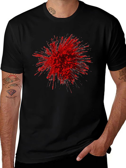 Abstract Red Burst Graphic Tee - Black Cotton Casual T-Shirt