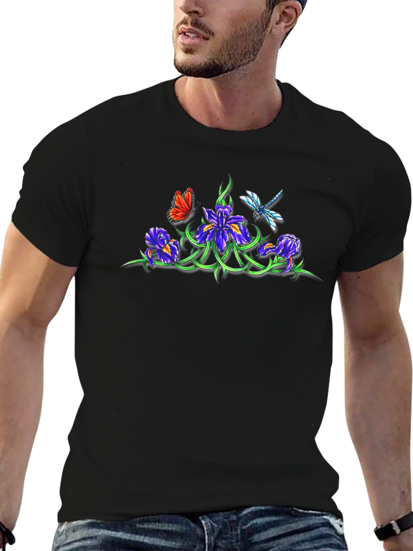 Floral & Insect Graphic Black T-Shirt