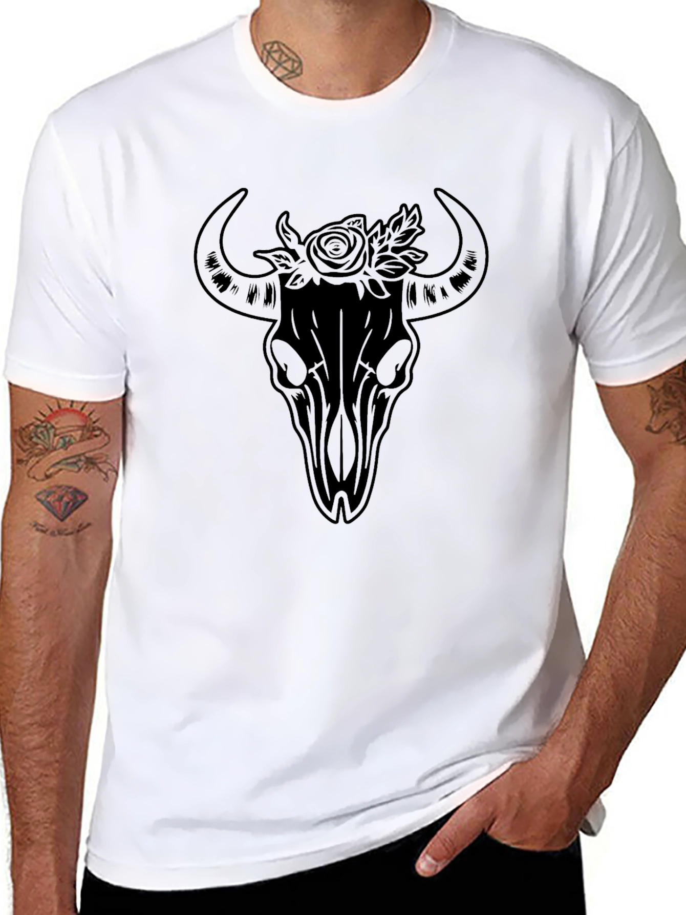Black Bull Skull & Roses Graphic Tee