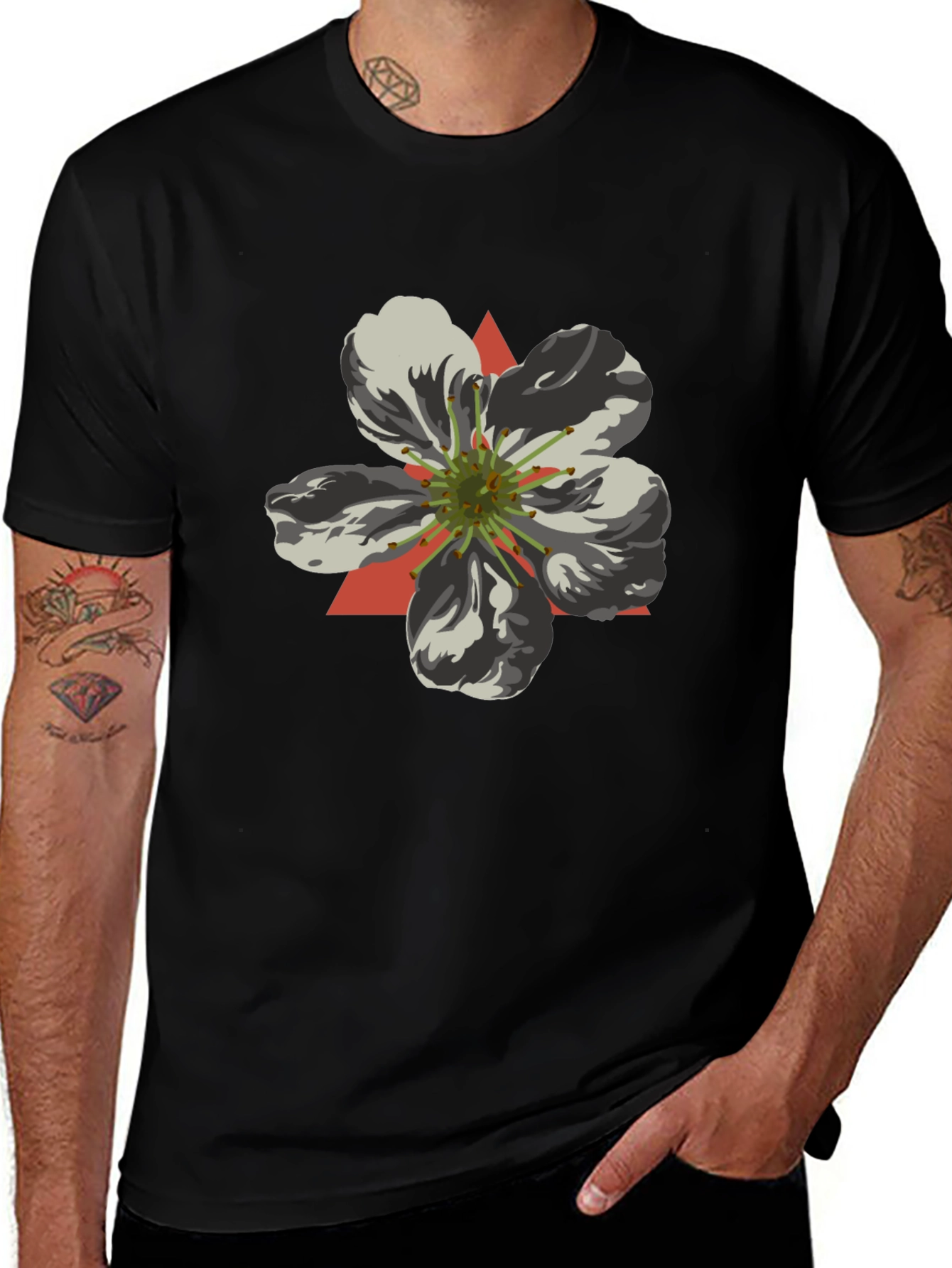 Black T-Shirt with Geometric Flower Design
