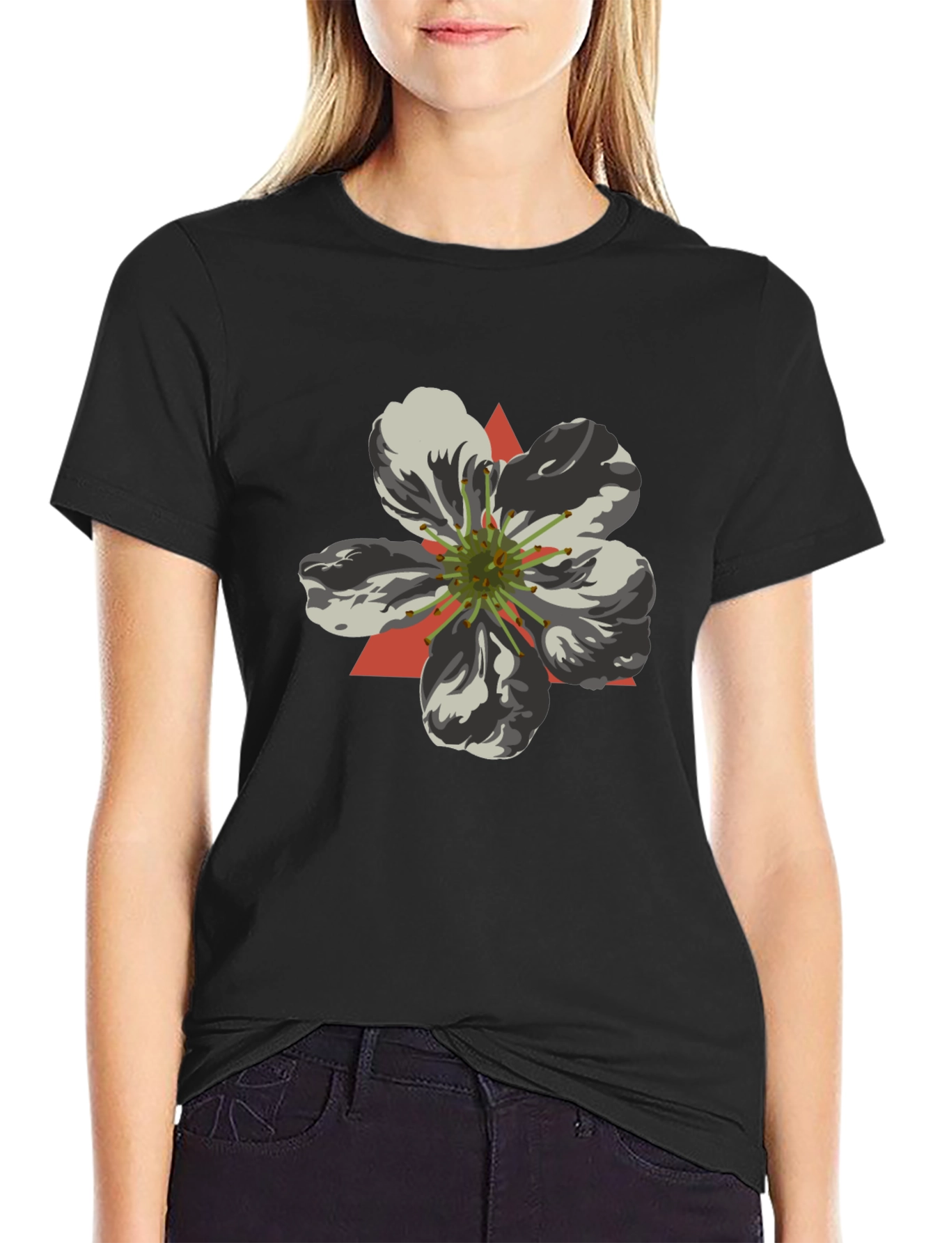 Black T-Shirt with Geometric Flower Design