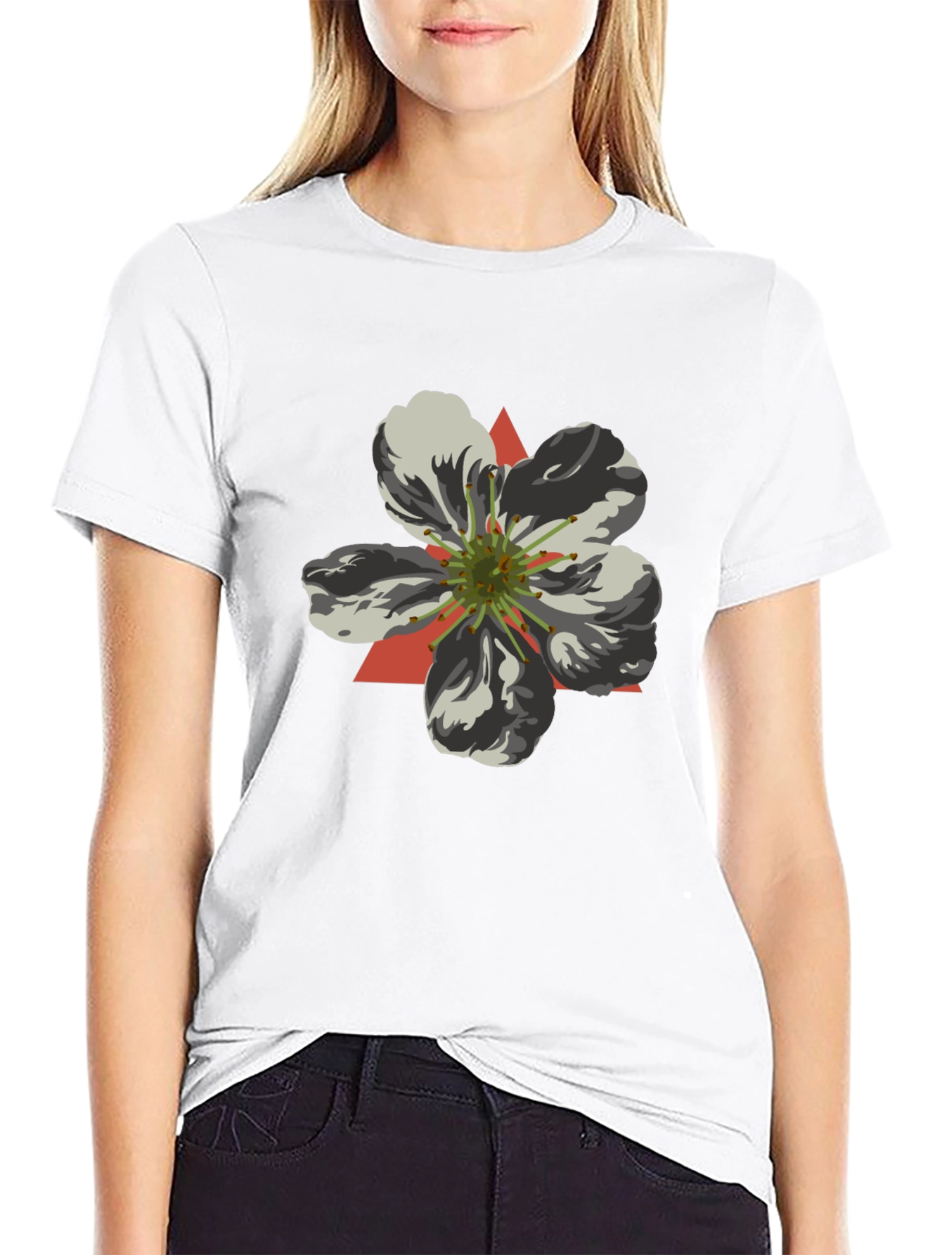 Black T-Shirt with Geometric Flower Design