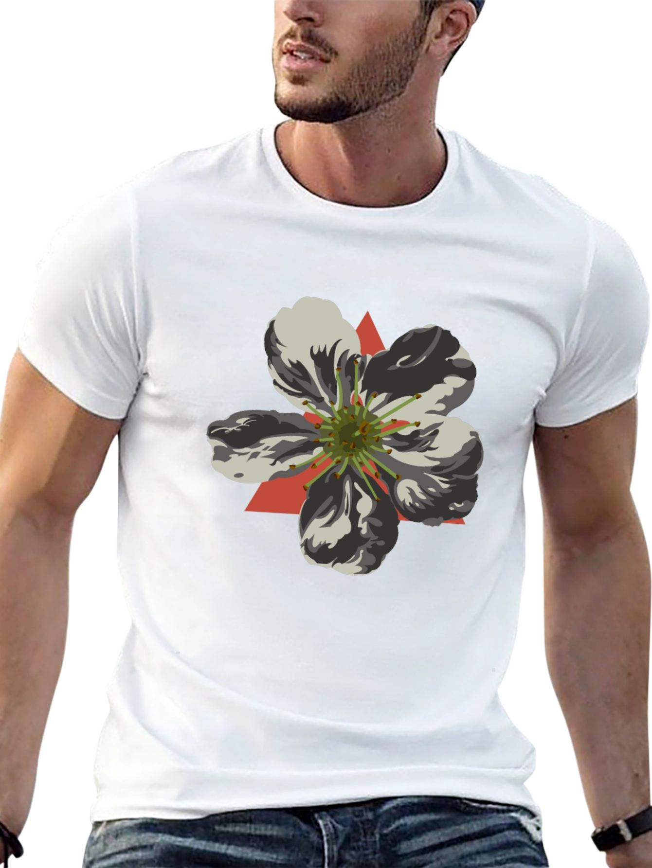 Black T-Shirt with Geometric Flower Design