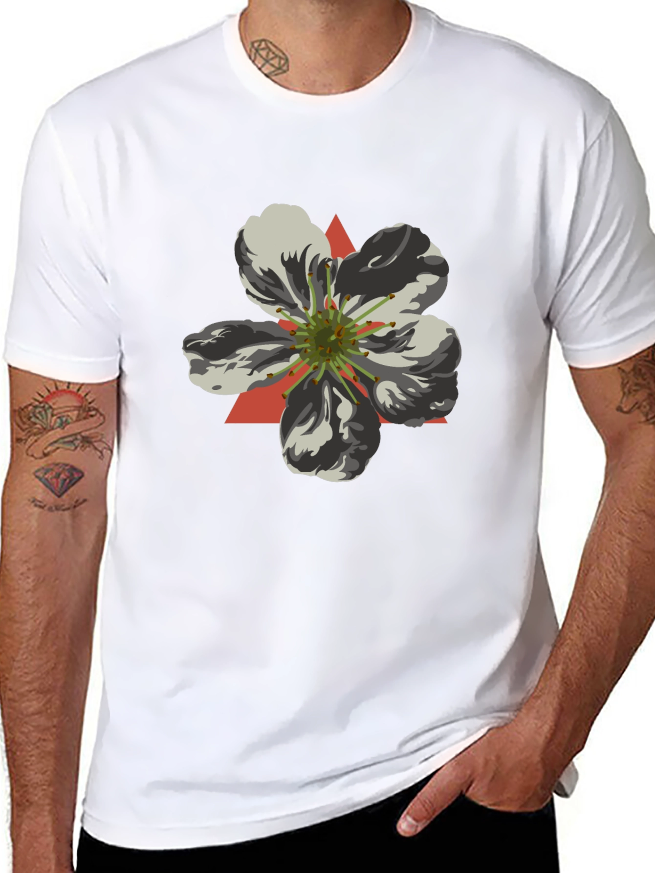 Black T-Shirt with Geometric Flower Design