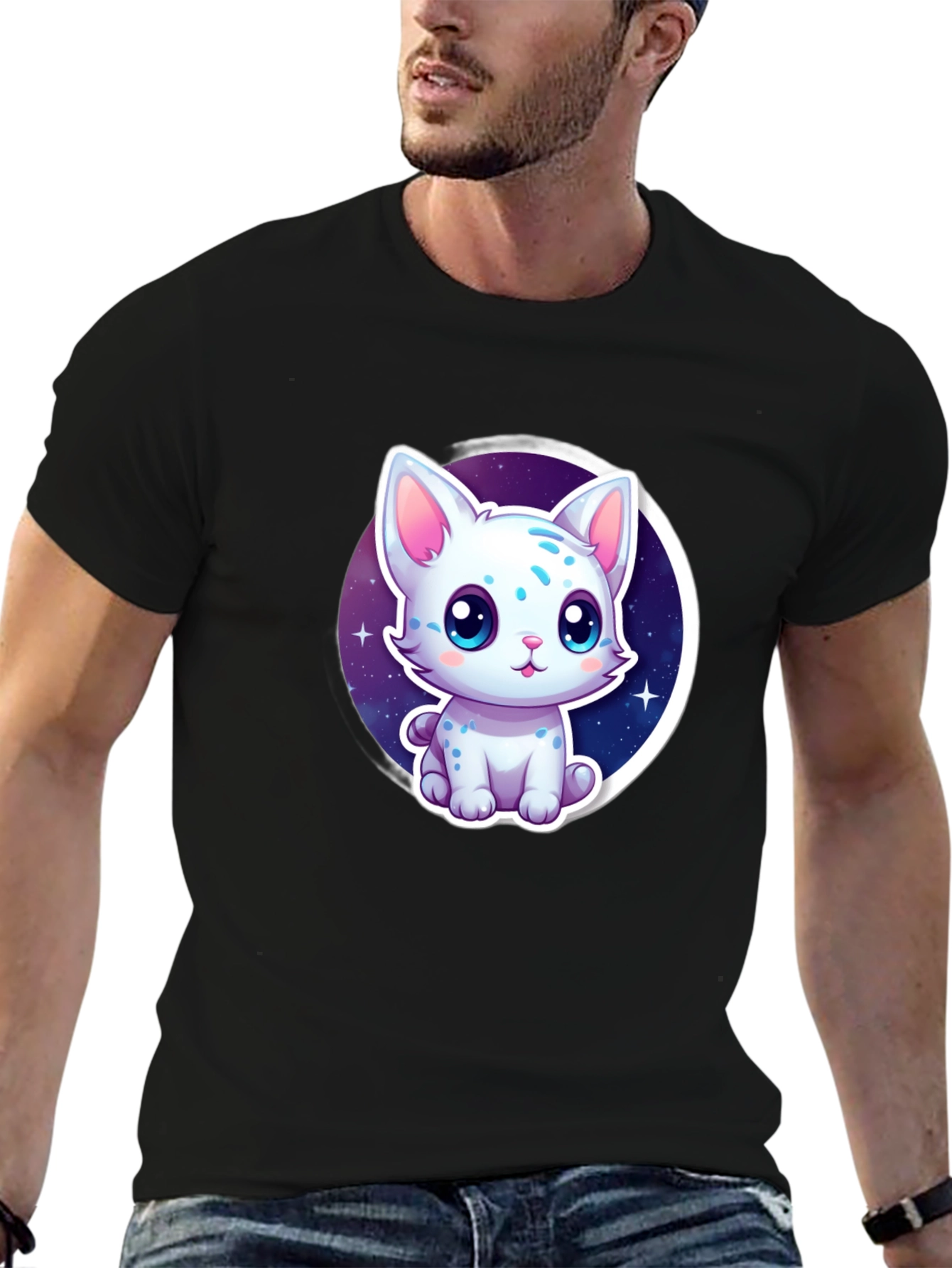 Cute Cartoon Cat Graphic Tee - Black