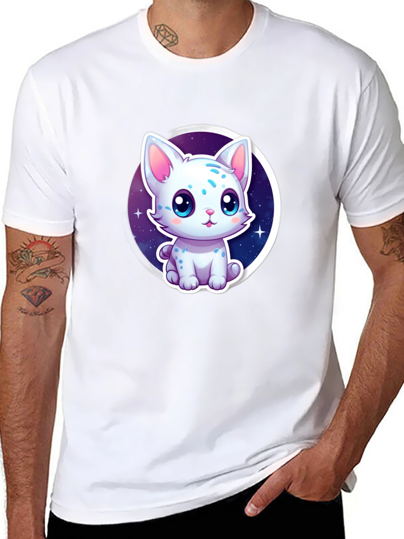 Cute Cartoon Cat Graphic Tee - Black
