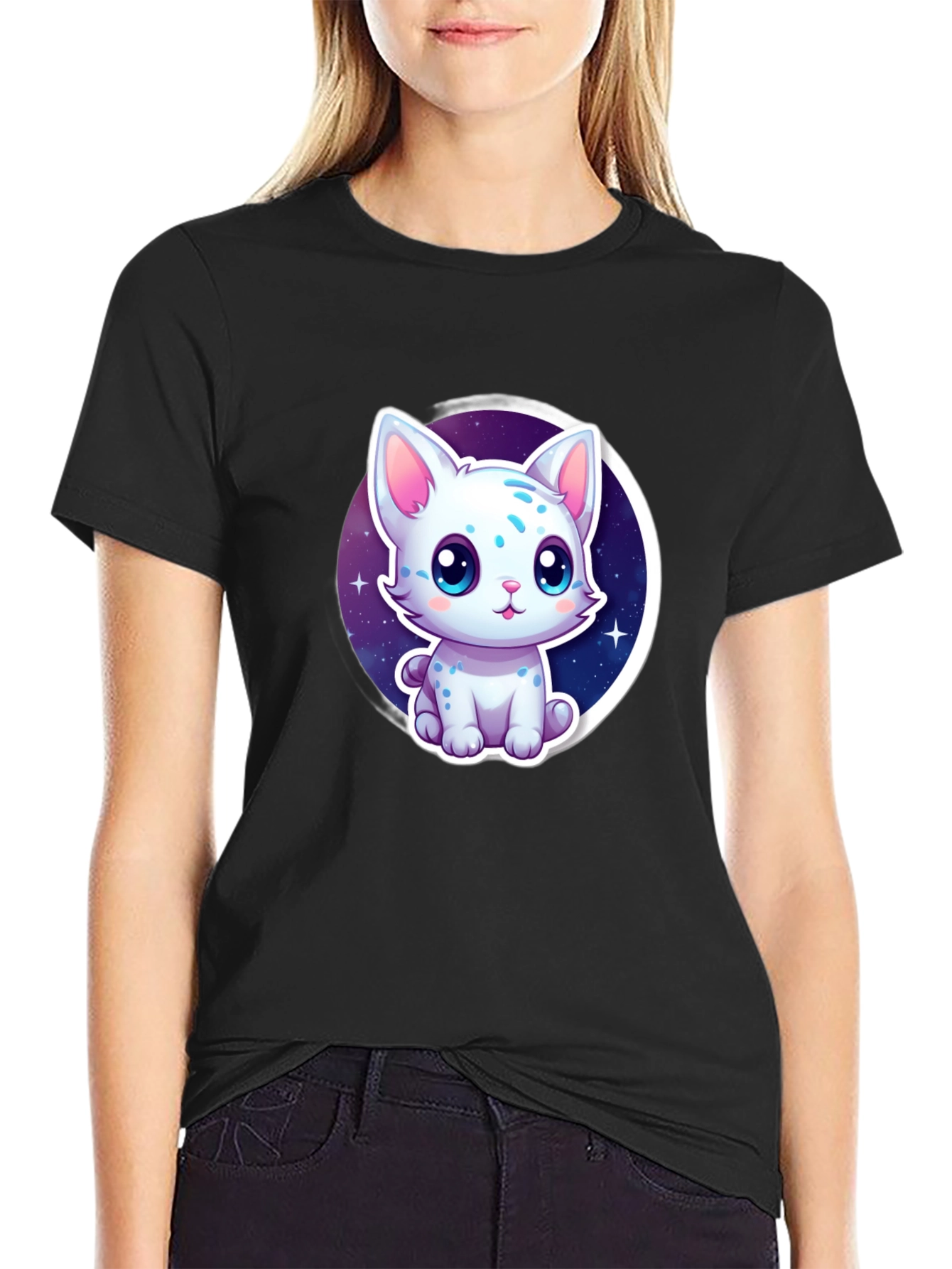 Cute Cartoon Cat Graphic Tee - Black