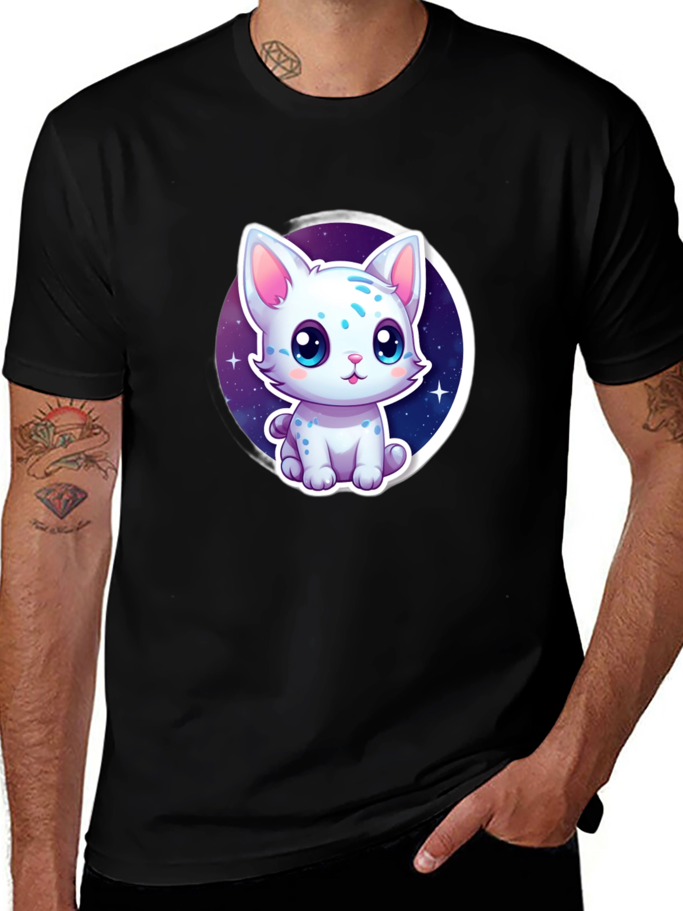 Cute Cartoon Cat Graphic Tee - Black