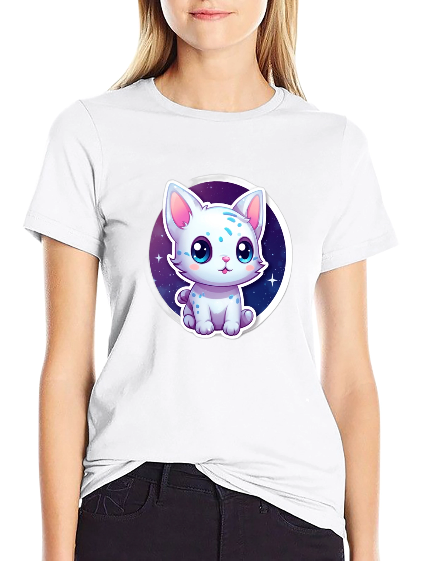Cute Cartoon Cat Graphic Tee - Black
