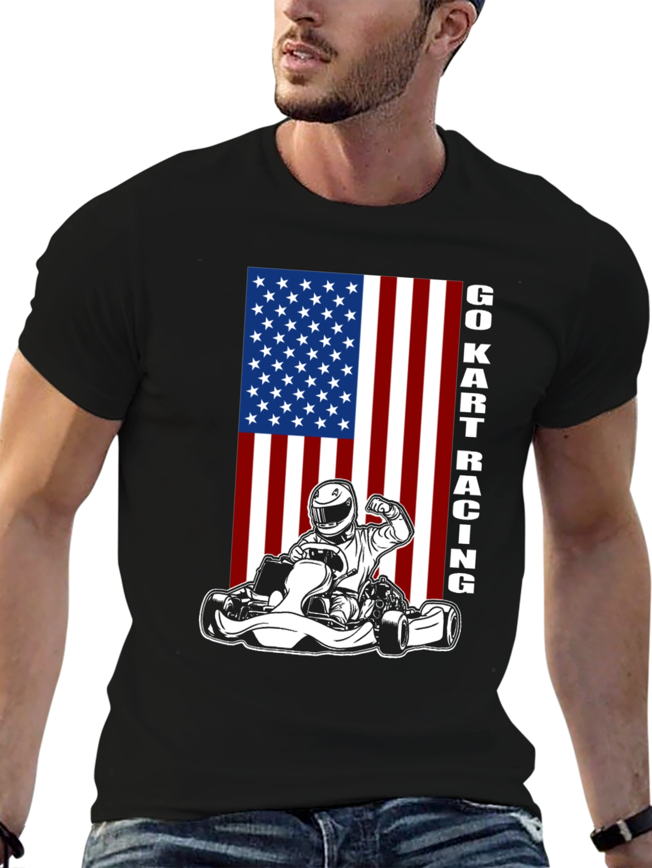 Go Kart Racing USA Flag Graphic T-Shirt