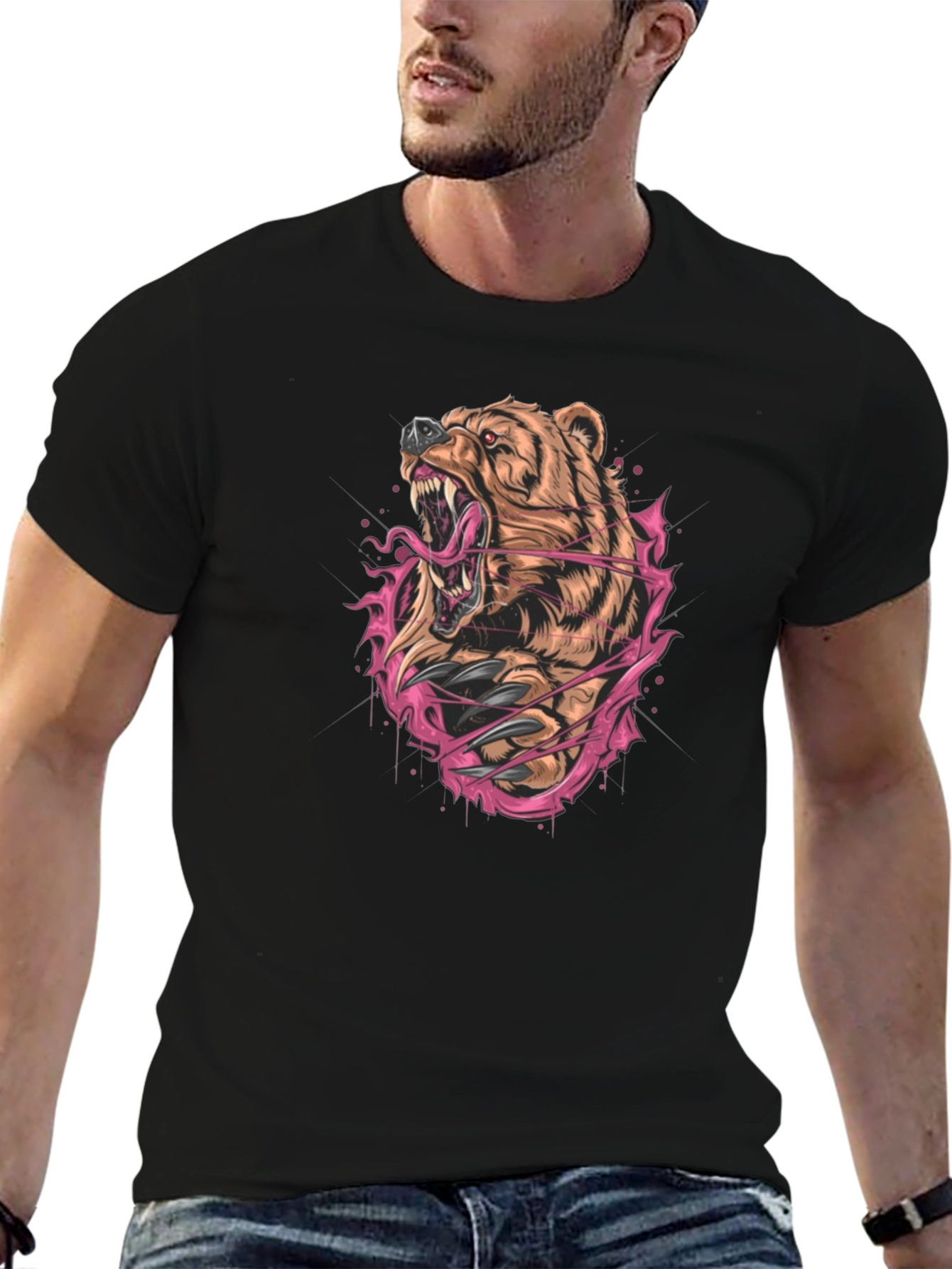 Bear Graphic Print Black T-Shirt