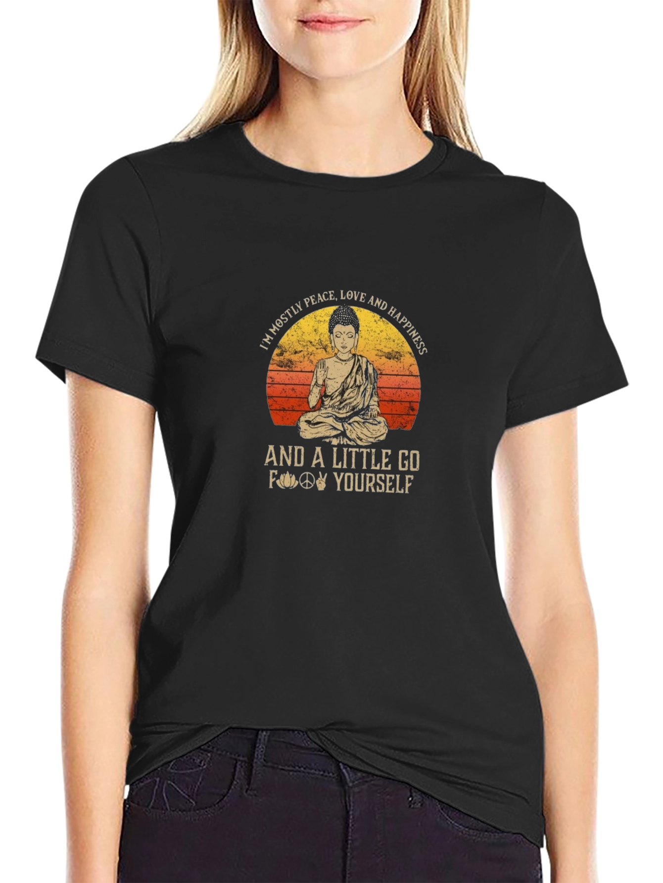 Peace Love Happiness Buddha Graphic T-Shirt