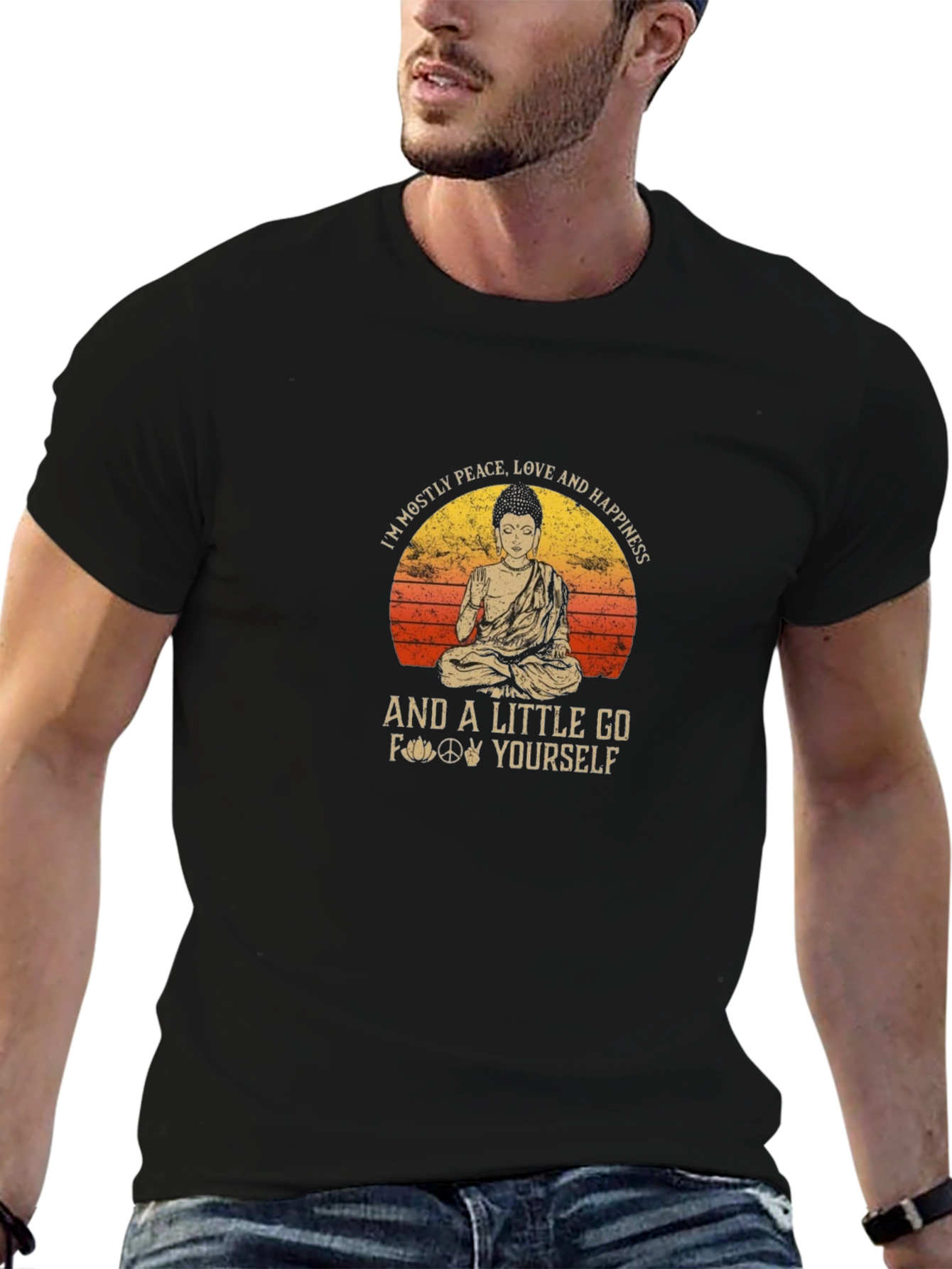 Peace Love Happiness Buddha Graphic T-Shirt