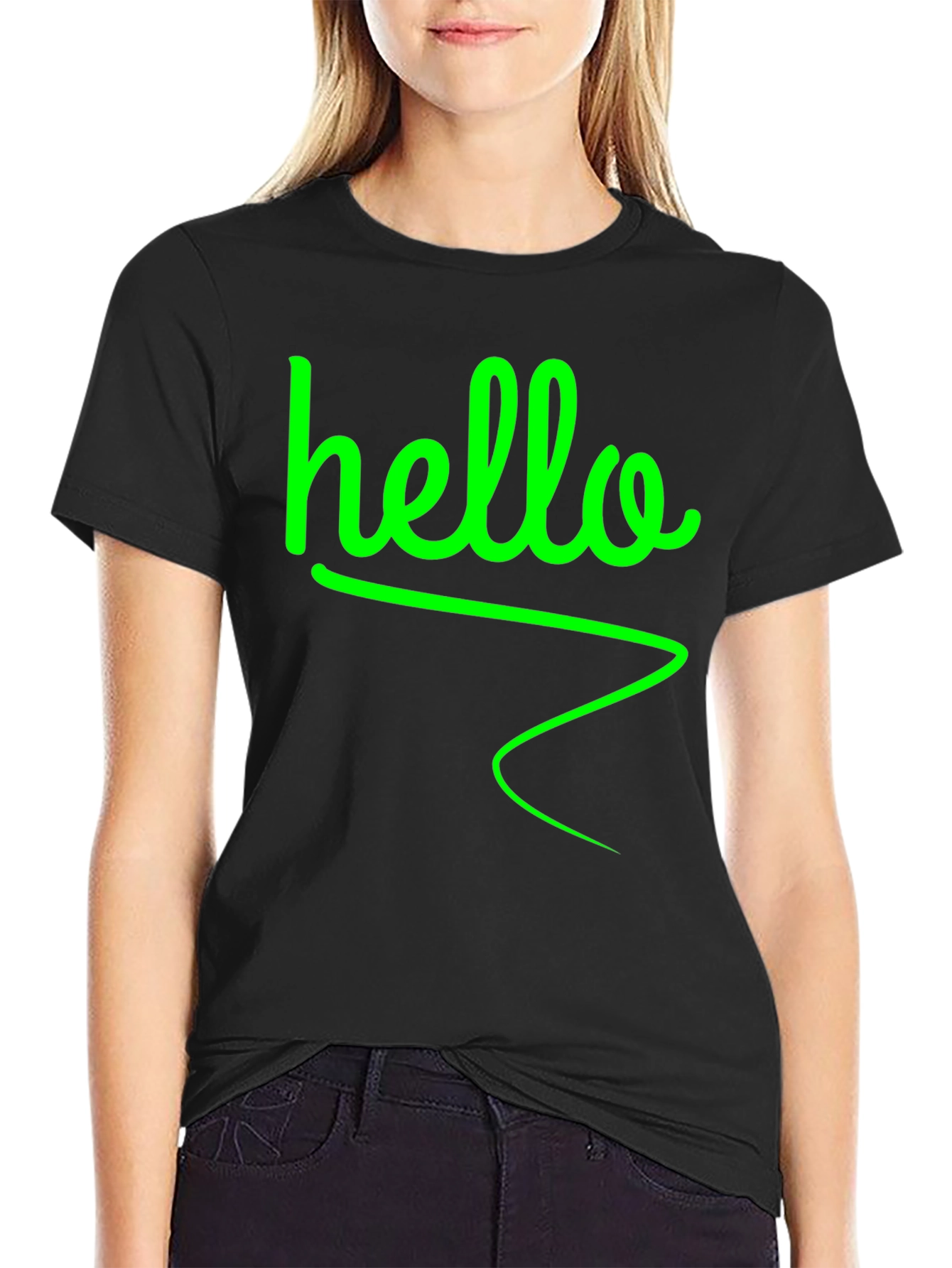 Hello Green Graphic Black T-Shirt