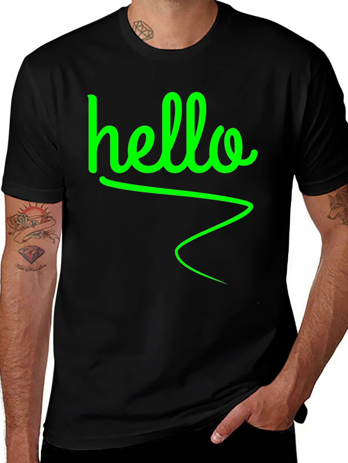 Hello Green Graphic Black T-Shirt