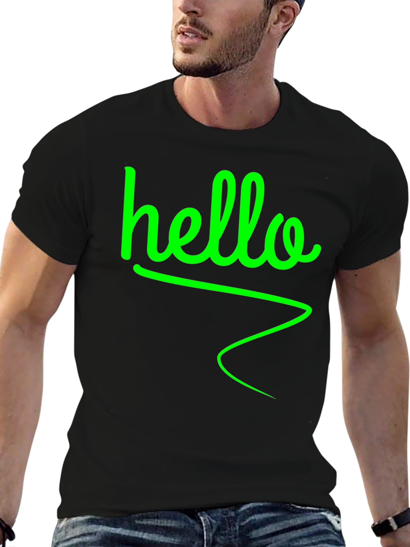 Hello Green Graphic Black T-Shirt