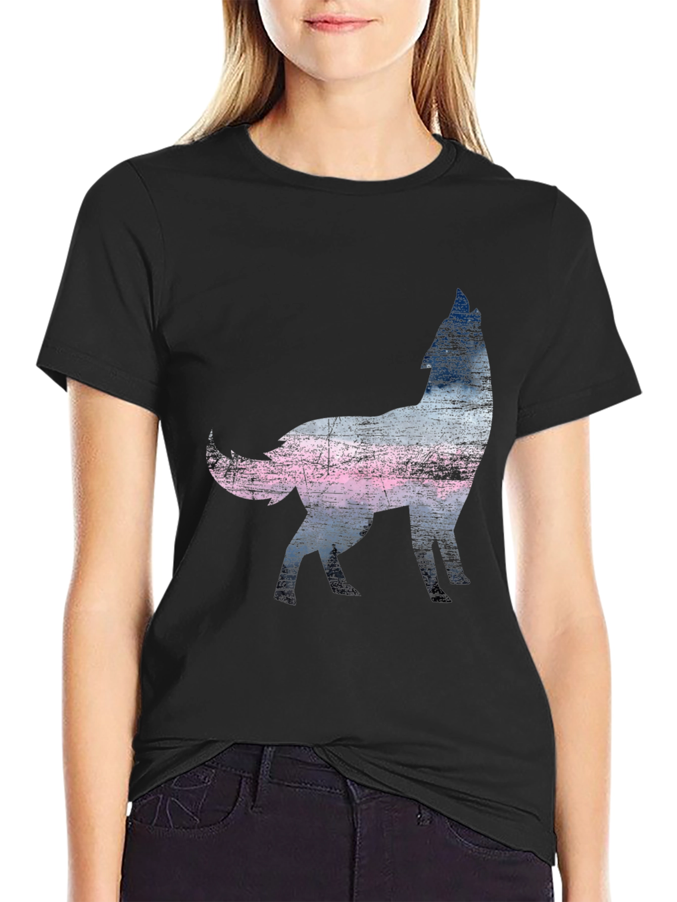 Wolf Silhouette Graphic Print Black T-Shirt