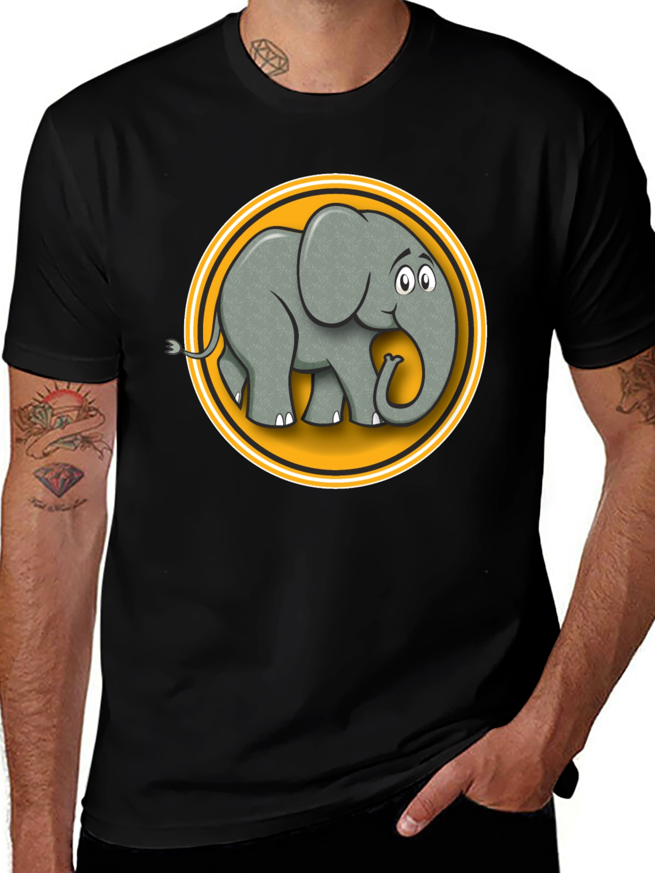 Elephant Cartoon Graphic Tee - Black Cotton T-Shirt