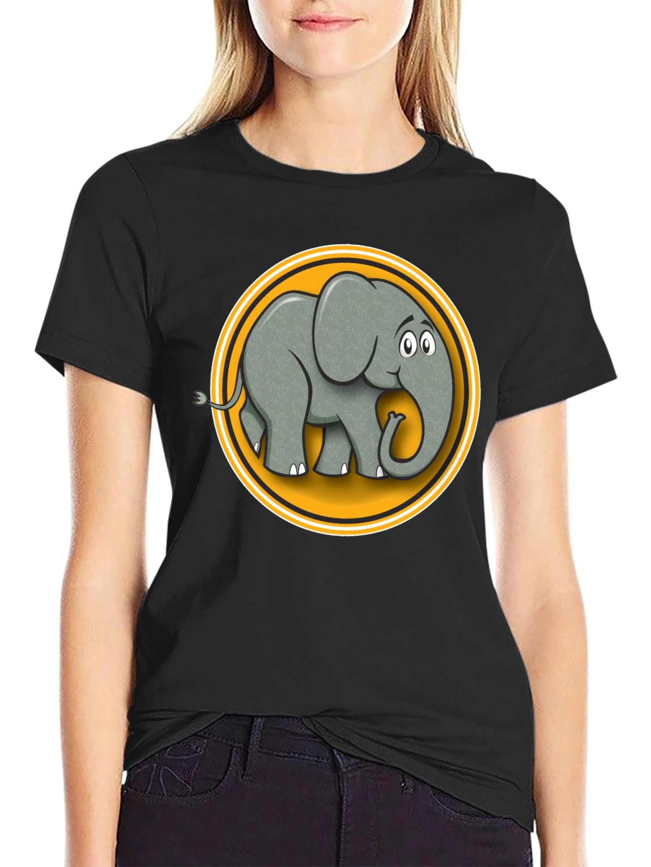 Elephant Cartoon Graphic Tee - Black Cotton T-Shirt