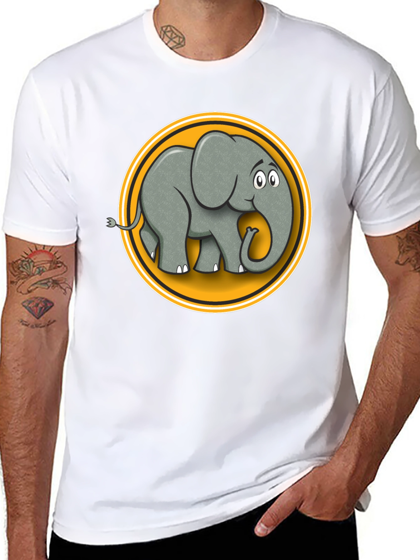 Elephant Cartoon Graphic Tee - Black Cotton T-Shirt