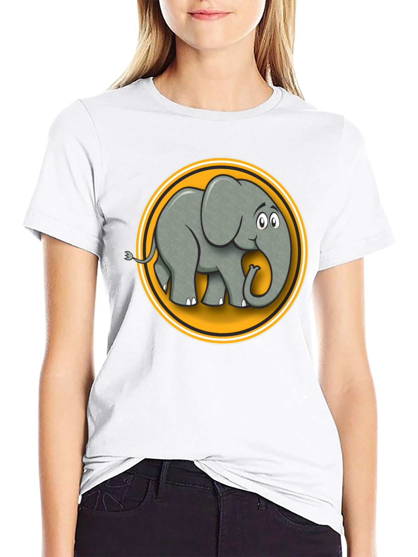 Elephant Cartoon Graphic Tee - Black Cotton T-Shirt
