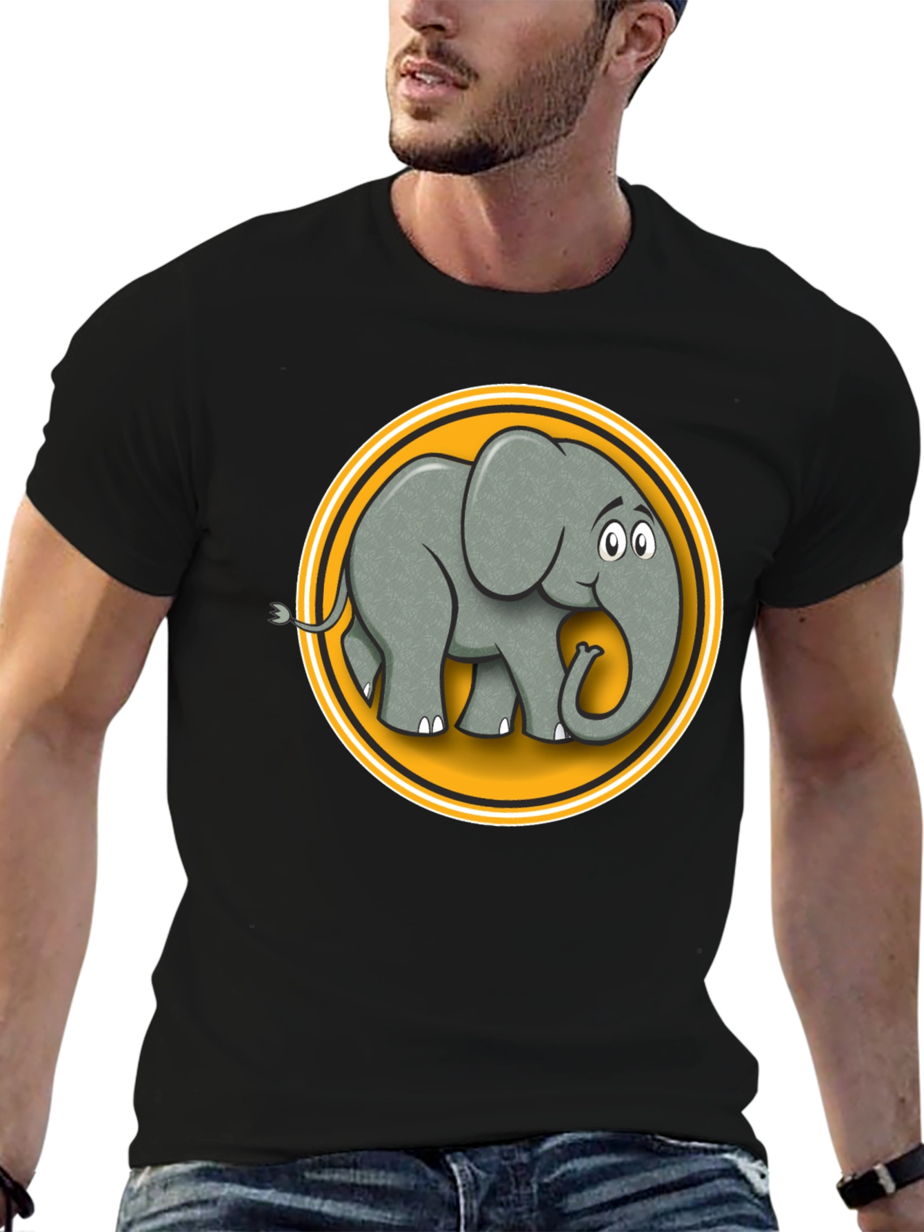Elephant Cartoon Graphic Tee - Black Cotton T-Shirt