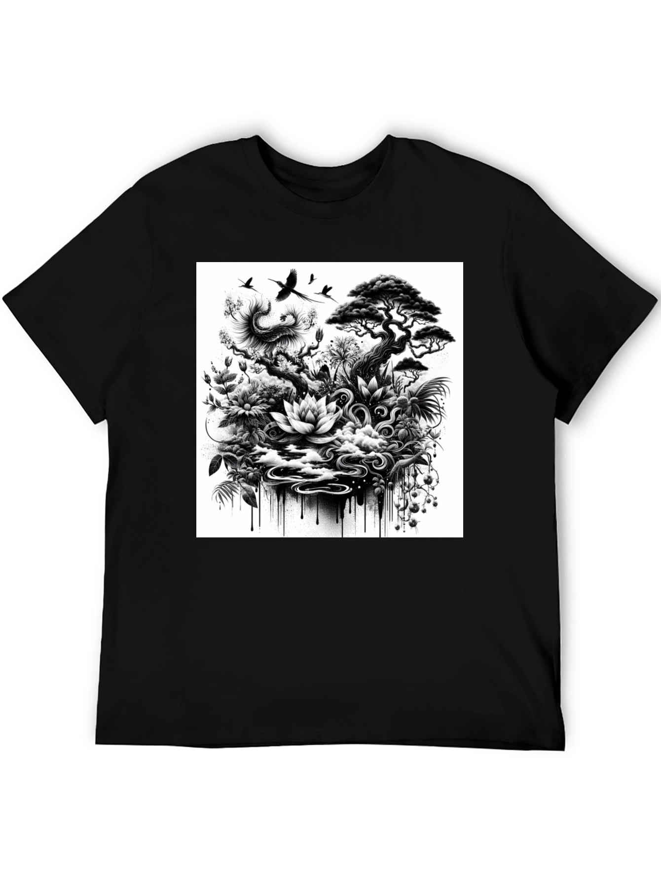 Black T-Shirt with Botanical Art