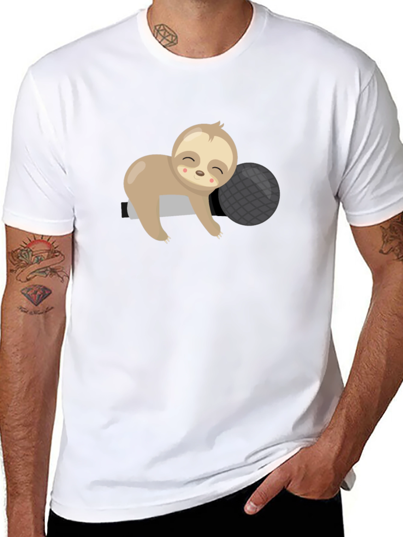 Cute Sloth Sleeping on Pillow Black T-Shirt