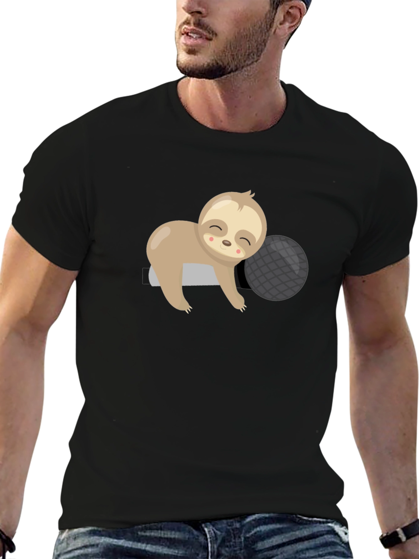 Cute Sloth Sleeping on Pillow Black T-Shirt