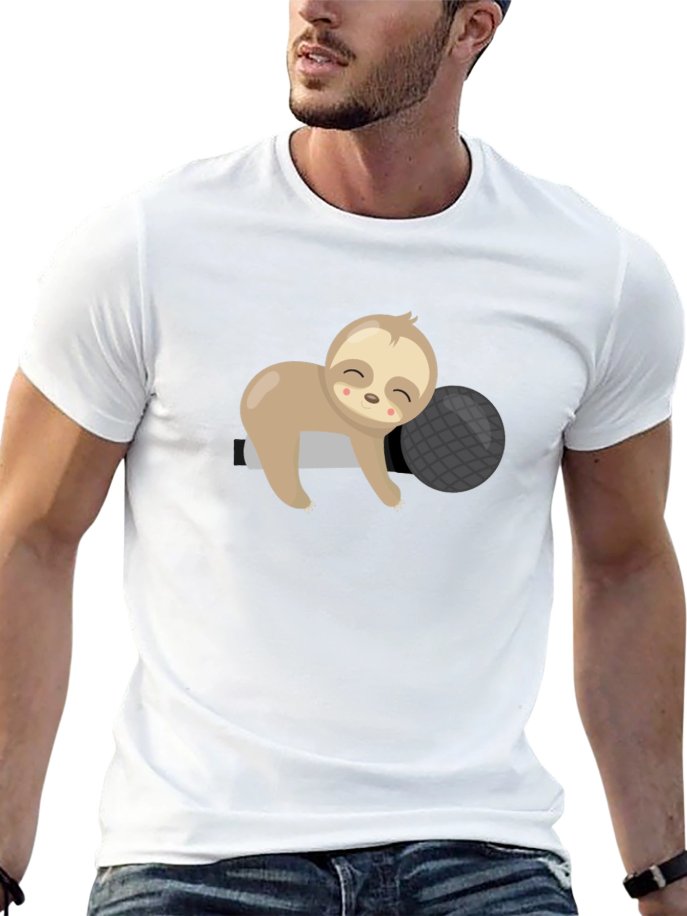Cute Sloth Sleeping on Pillow Black T-Shirt