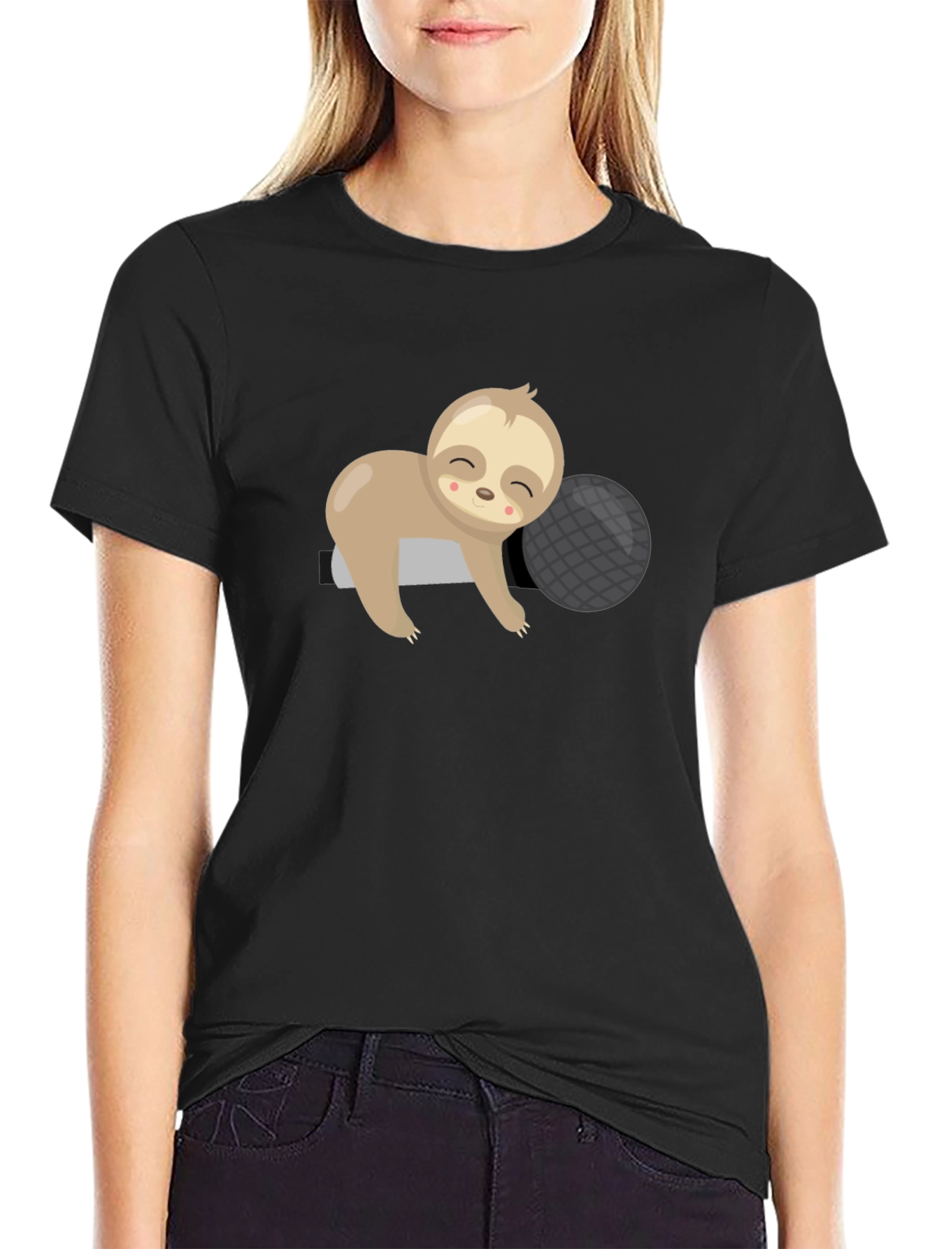 Cute Sloth Sleeping on Pillow Black T-Shirt