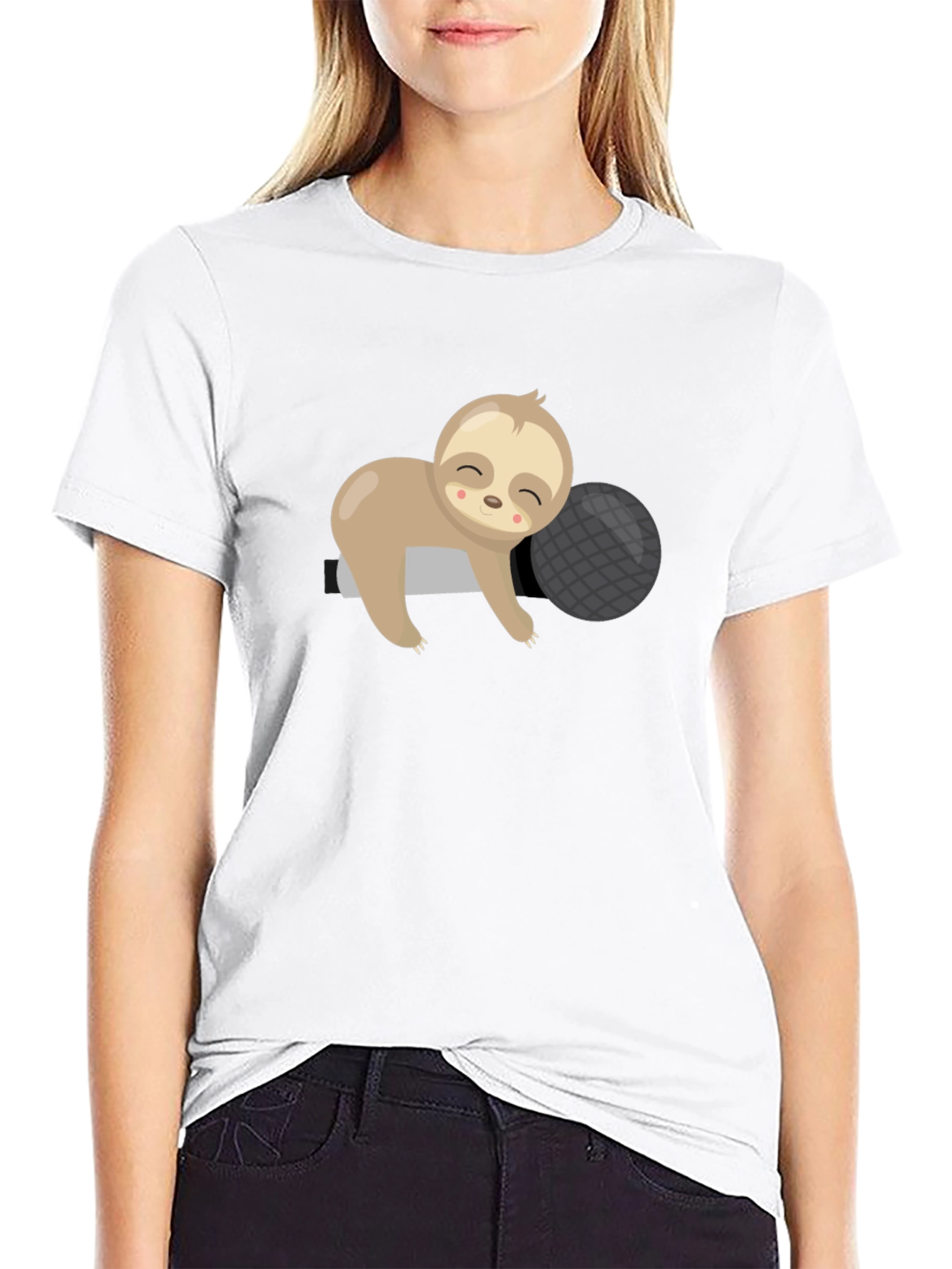 Cute Sloth Sleeping on Pillow Black T-Shirt