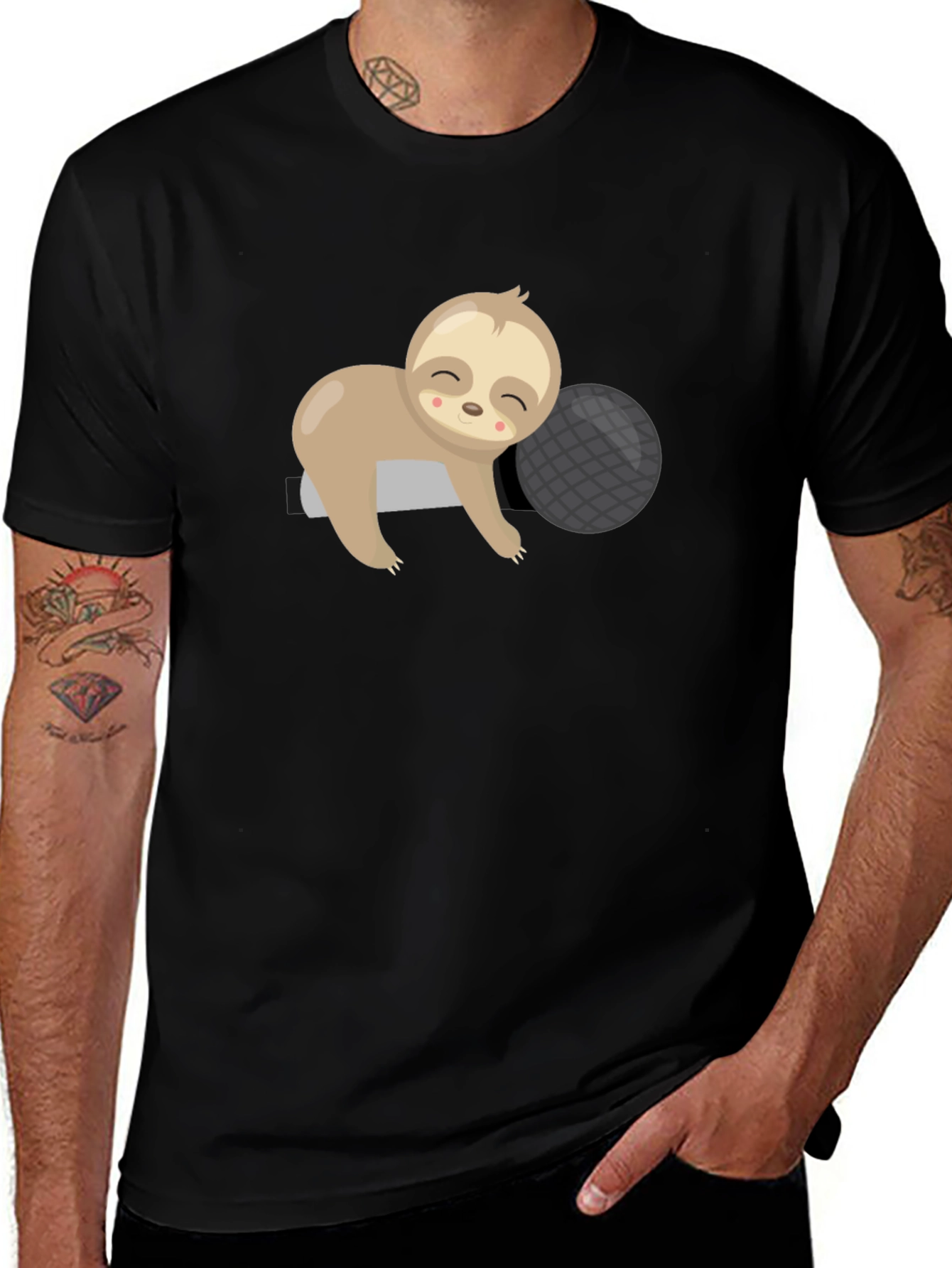 Cute Sloth Sleeping on Pillow Black T-Shirt