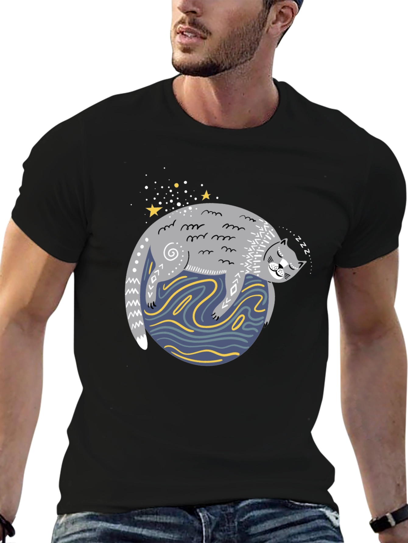 Sleepy Cat Graphic Tee - Comfy Unisex Black T-Shirt