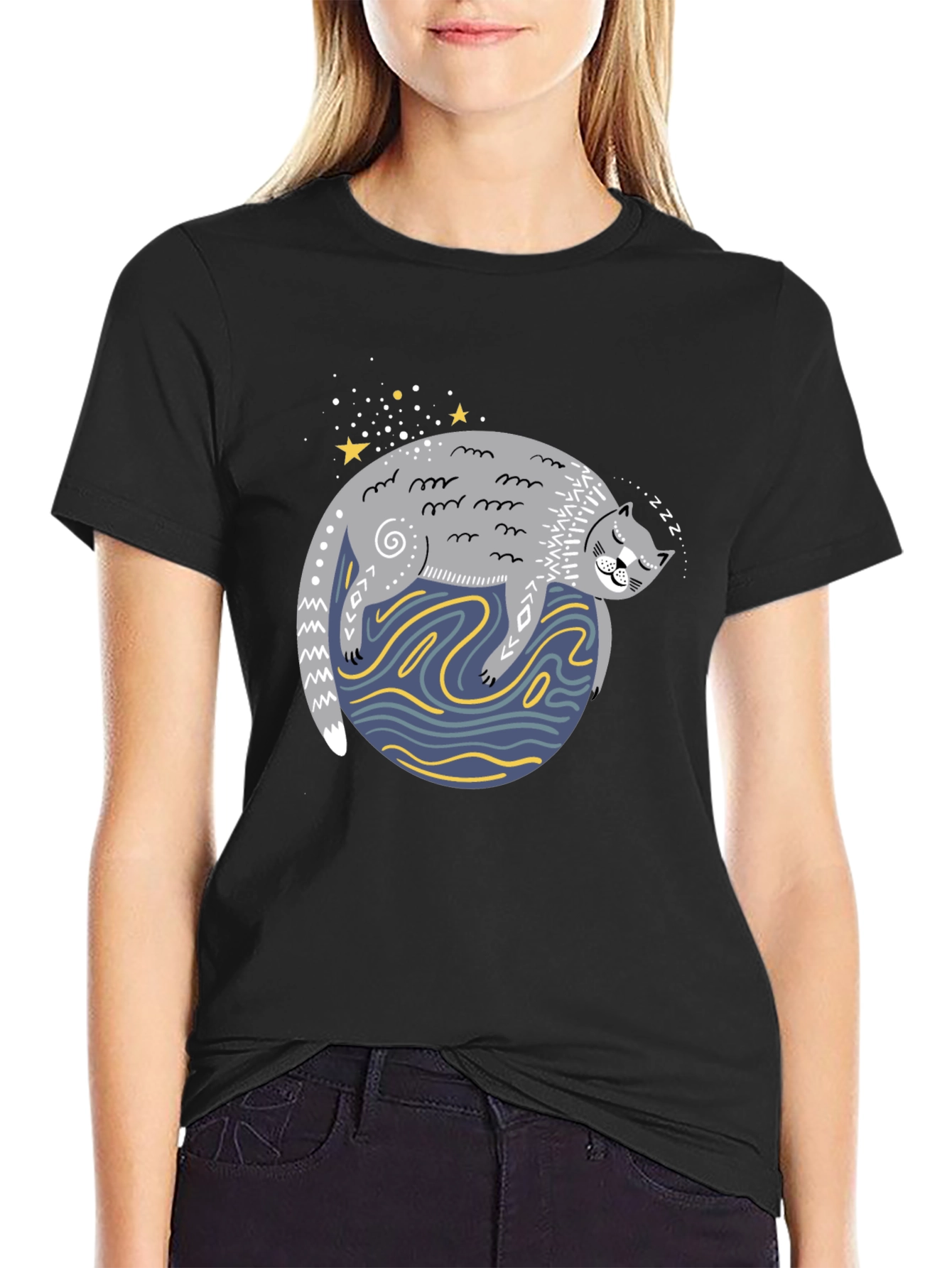 Sleepy Cat Graphic Tee - Comfy Unisex Black T-Shirt