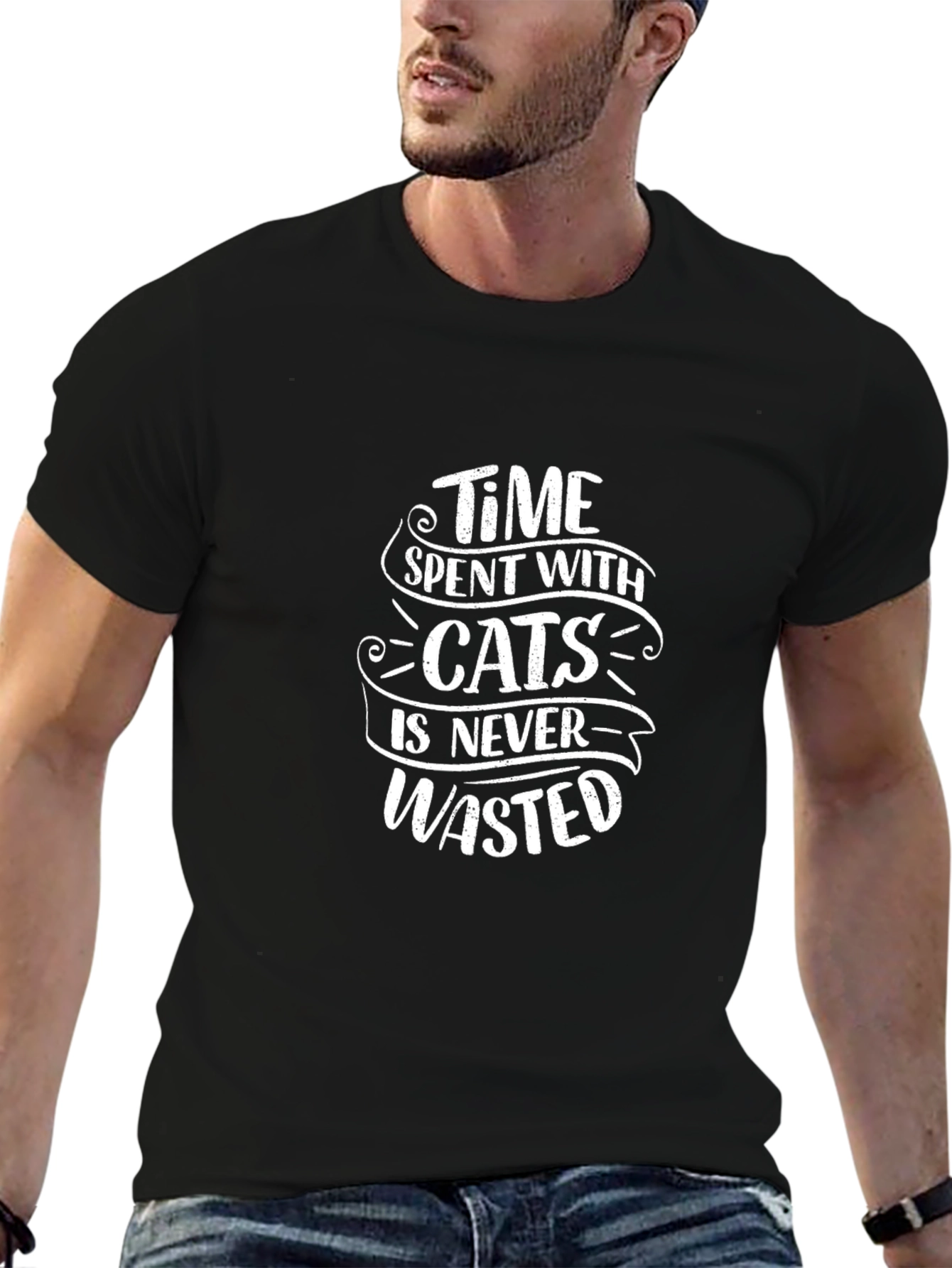 Time with Cats T-Shirt - Black Cotton Blend
