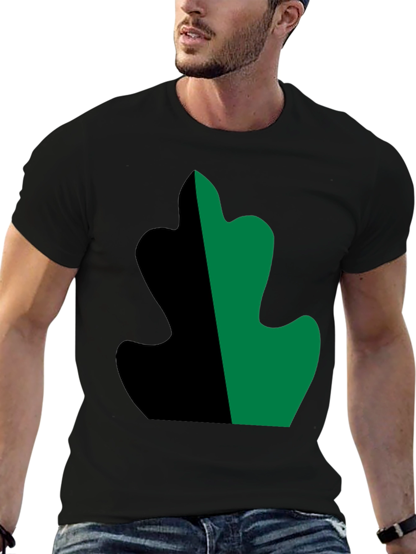 Two-Tone Leaf Design Black T-Shirt