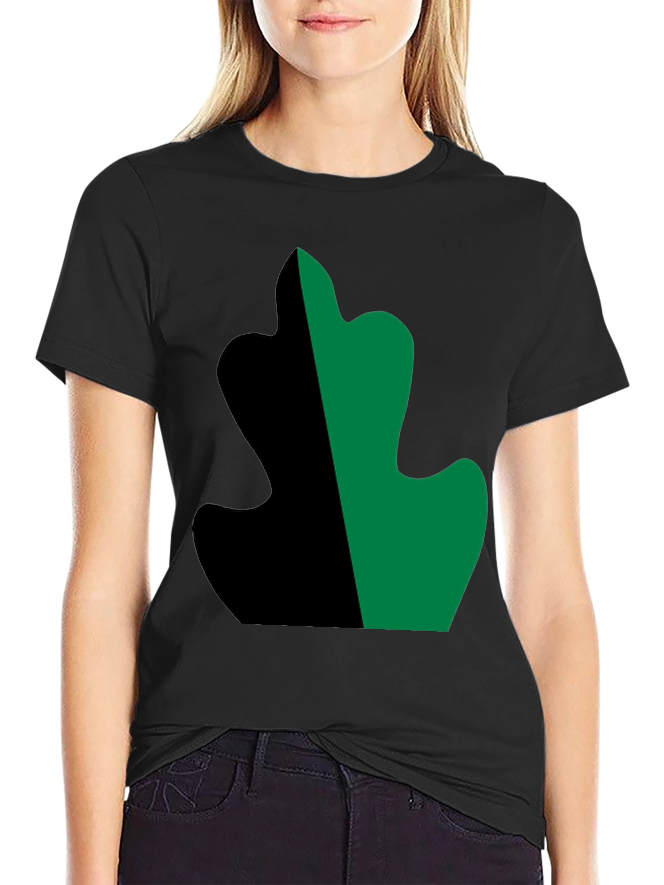 Two-Tone Leaf Design Black T-Shirt