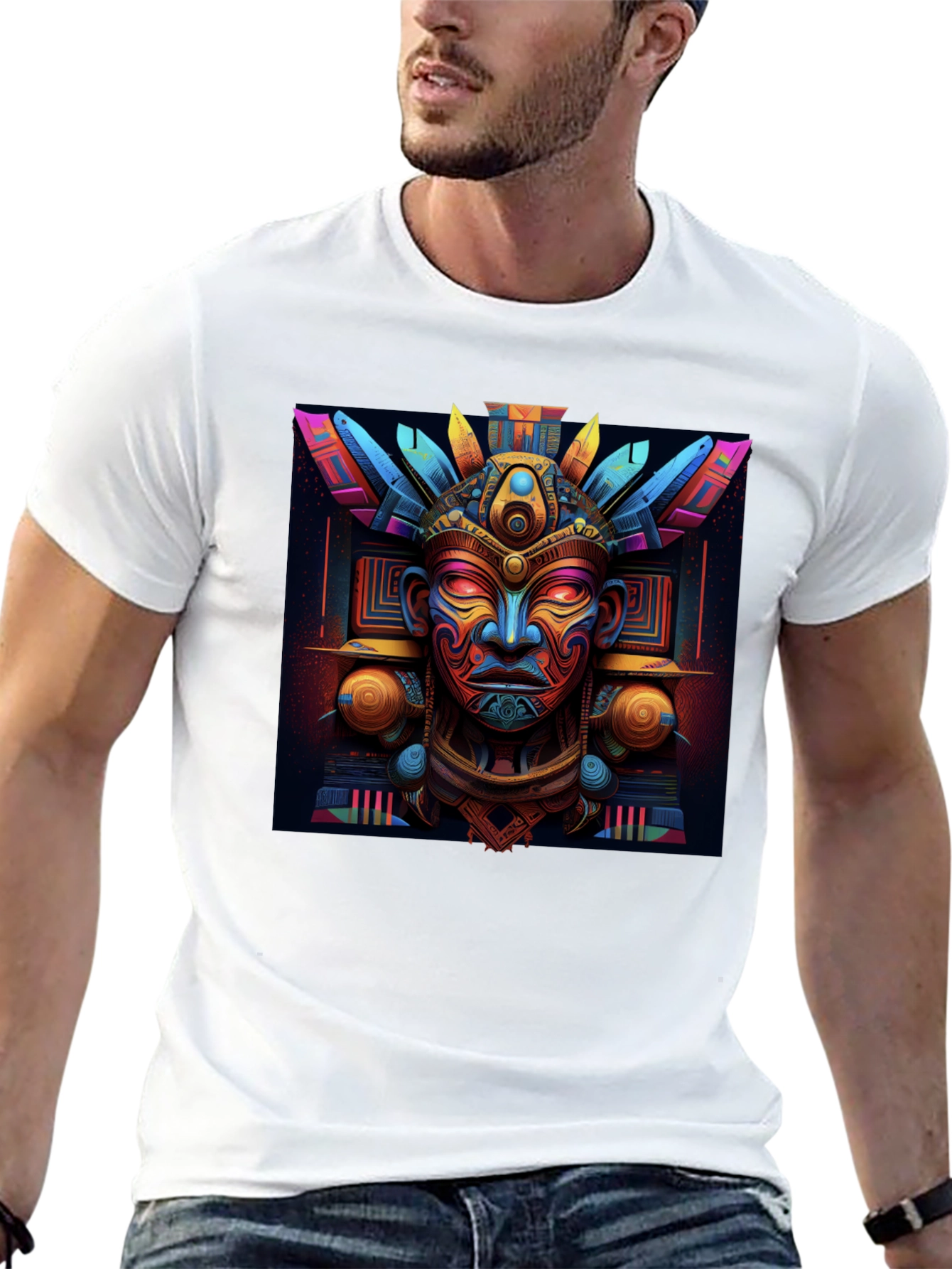 Aztec Mask Graphic Tee - Bold & Vibrant Design