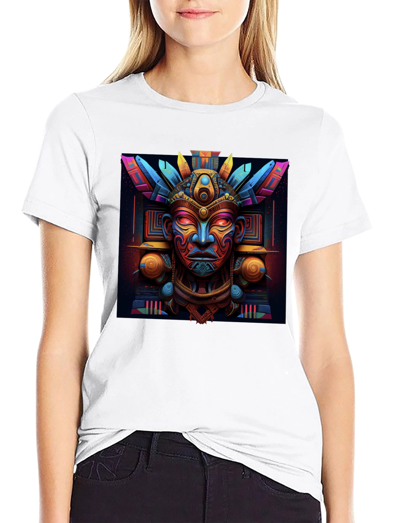 Aztec Mask Graphic Tee - Bold & Vibrant Design