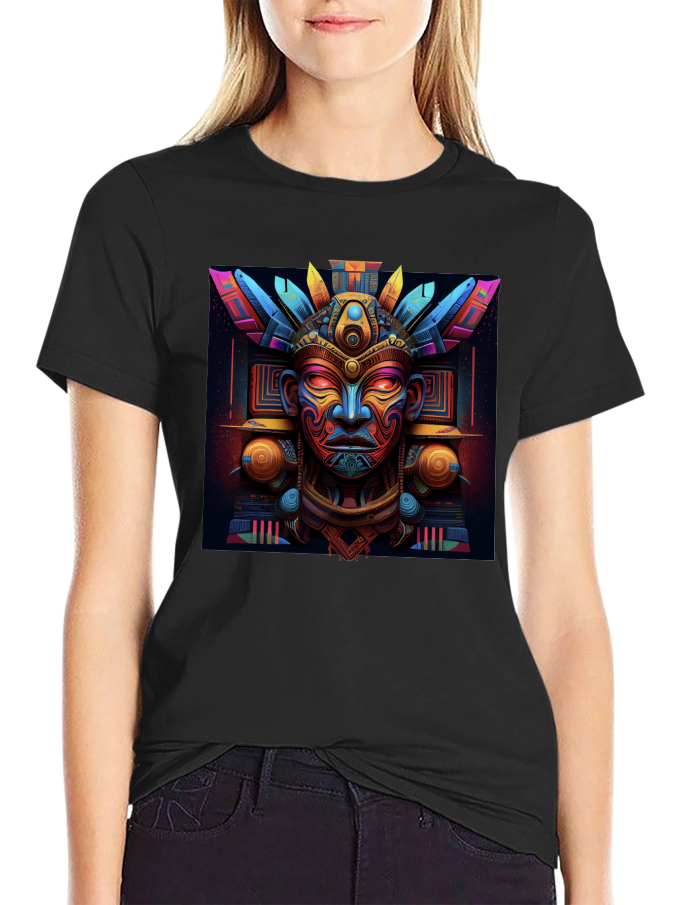 Aztec Mask Graphic Tee - Bold & Vibrant Design