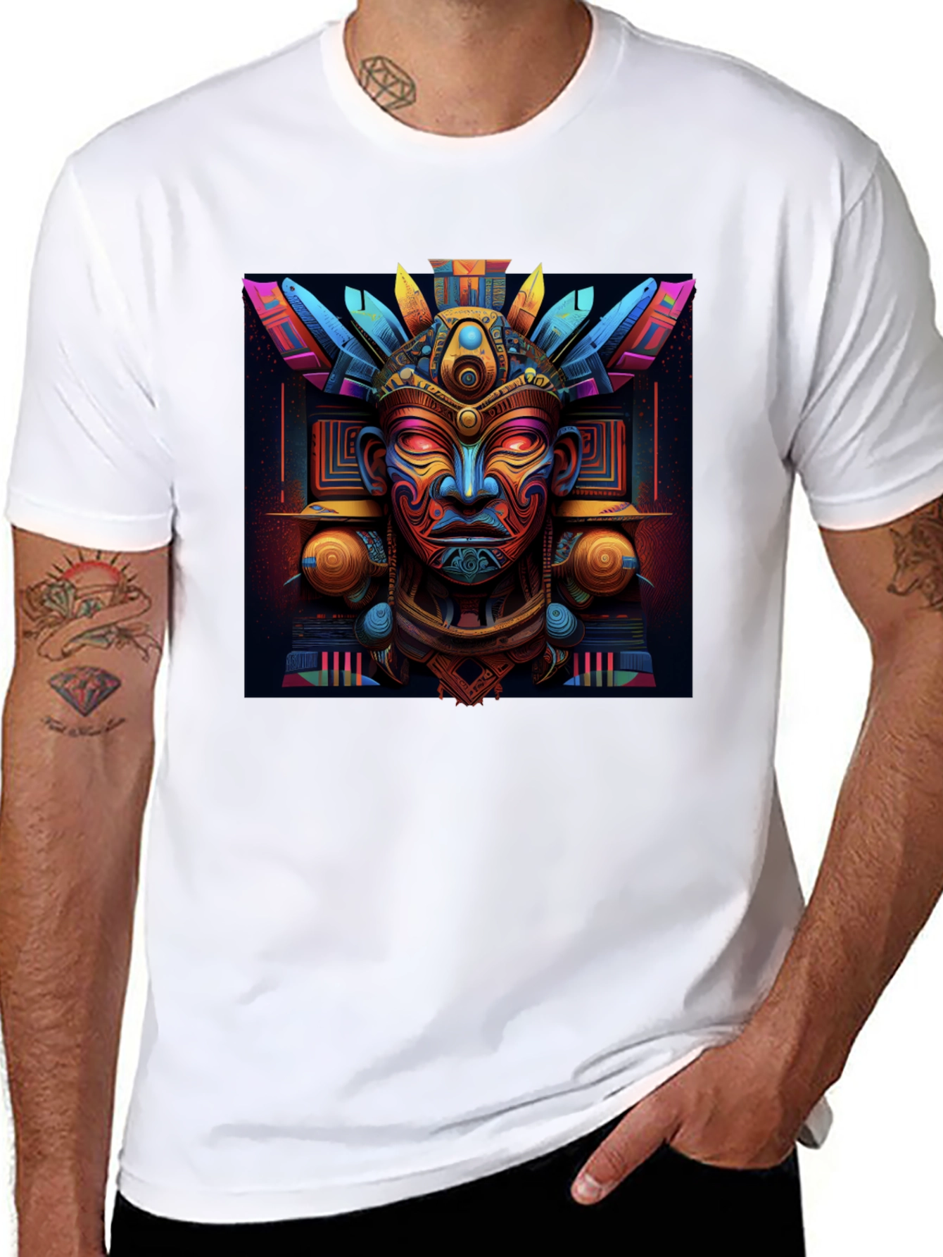 Aztec Mask Graphic Tee - Bold & Vibrant Design