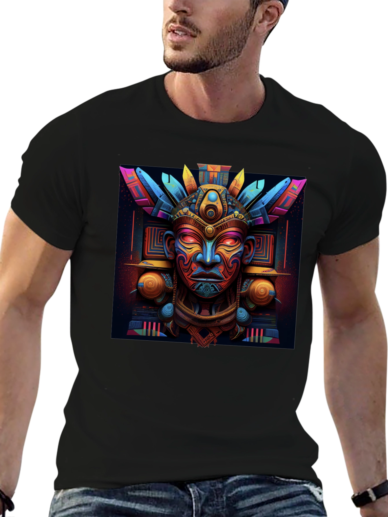 Aztec Mask Graphic Tee - Bold & Vibrant Design