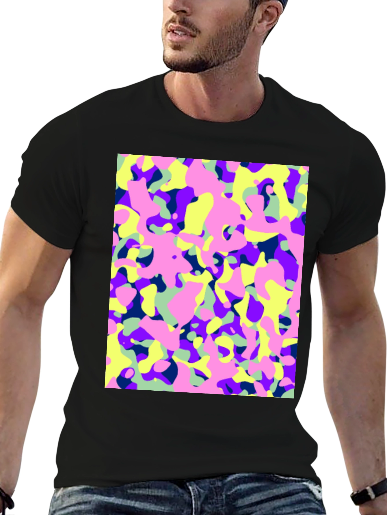 Vibrant Camo Print Black T-Shirt