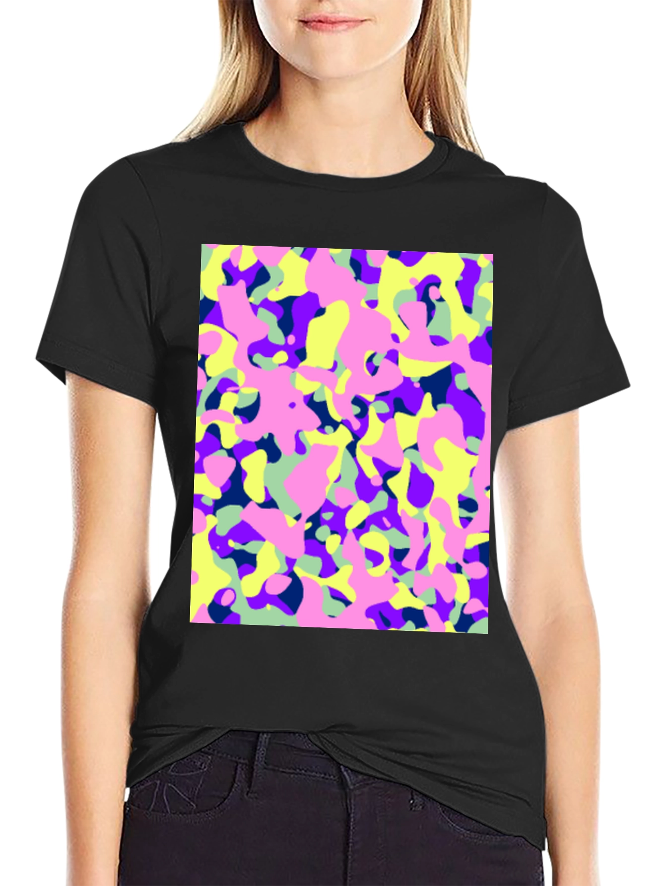 Vibrant Camo Print Black T-Shirt
