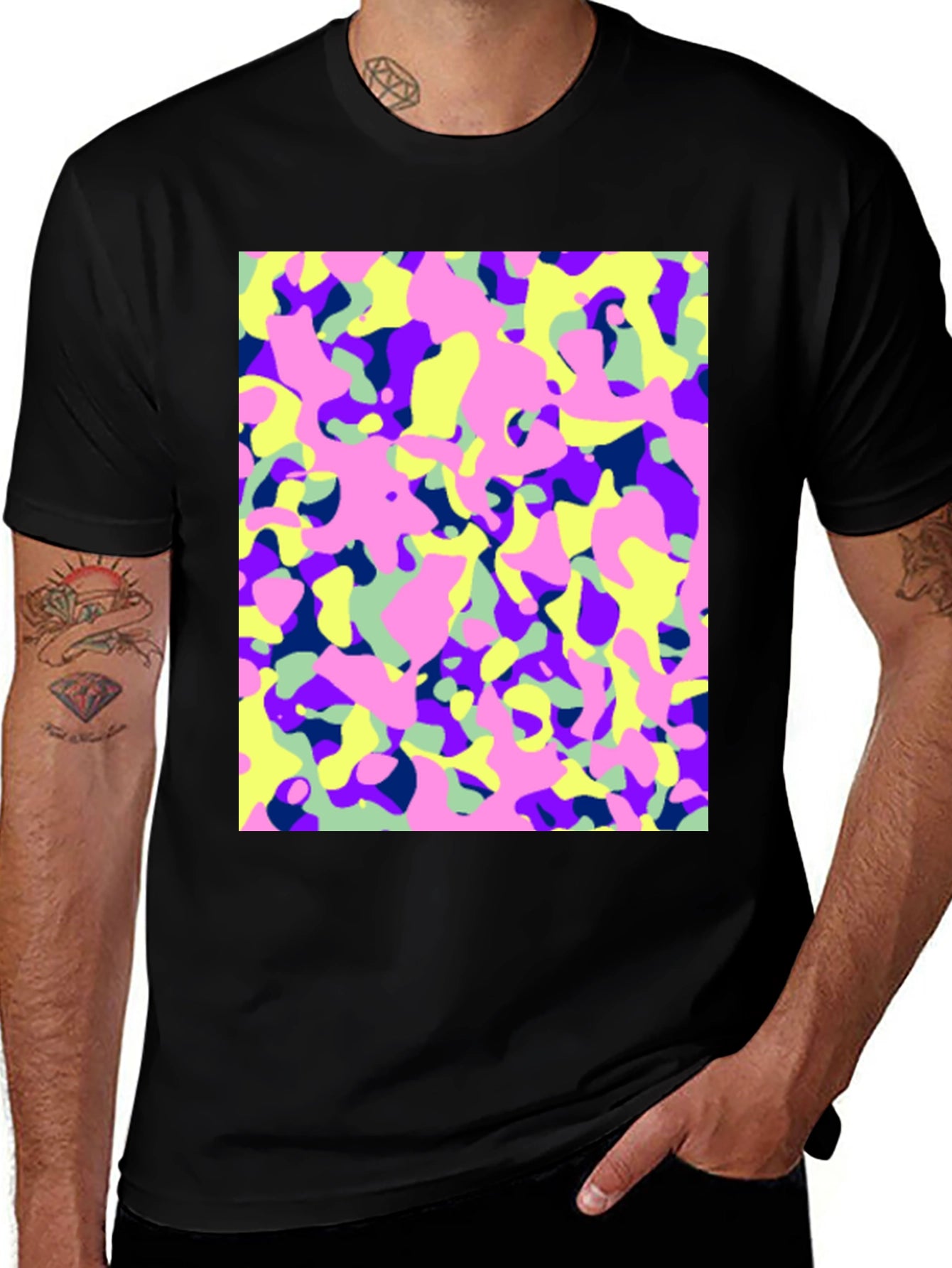 Vibrant Camo Print Black T-Shirt
